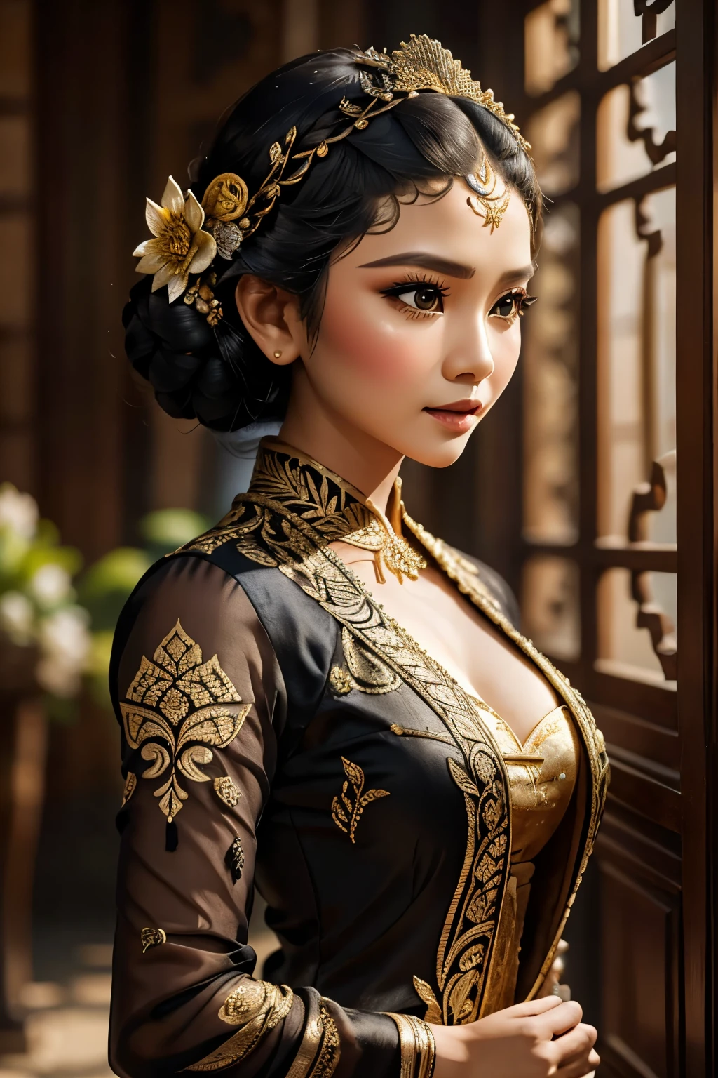   Intricate Detailed Portrait of an Elegant Javanese Woman, traditional embroidered brokade kebaya dress and hairdo, Collage with Borobudur temple and photographic power, 