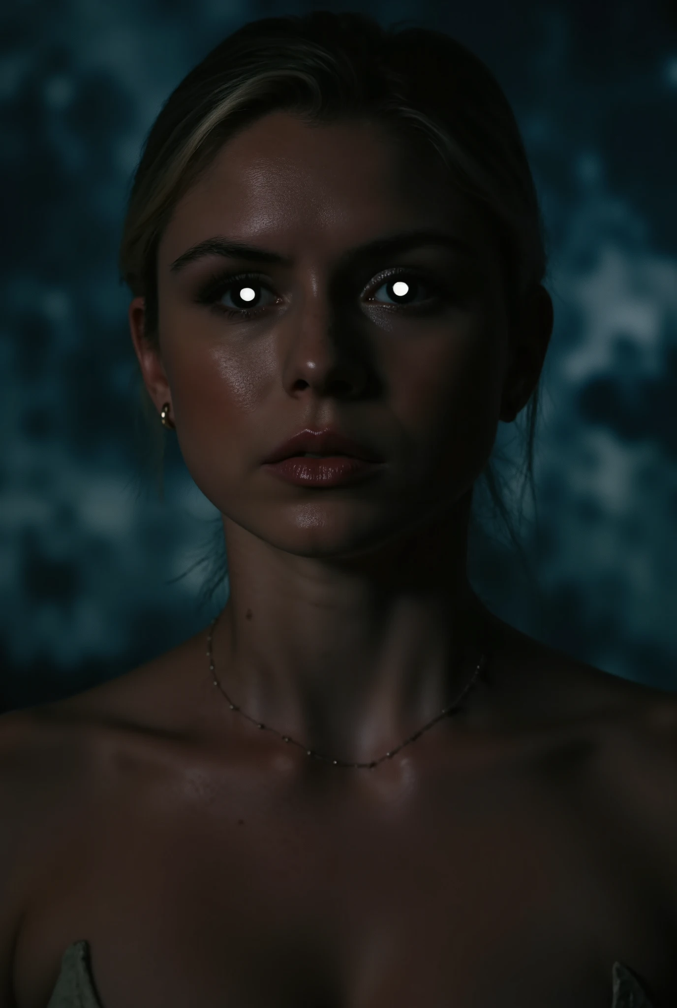 epic realistic, a woman looks angrily with glowing white eyes, complex background, 4k textures, cinematic, chiaroscuro, bokeh, 4K, highres, high quality, high details, textured skin, anatomically correct, masterpiece