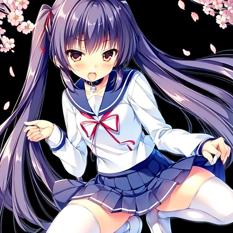  1girl, (sara, rukawa sara, dcIii, d.c.Iii, d.c.Iii～ダ・カーポIii～, Rukawa Sara ), brown eyes, twintails, flower hair clip, hair white ribbon, shiny hair, glow eyes, shiny skin, (collar:1.5), (school uniform,  serafuku, skirt, school uniform, white shirt, blue pleated skirt, black thighhighs:1.2), (cherry trees, cherry blossom petals background, petals dancing in the wind:1.5), nsfw, (skirt lift:1.5), (squatting, Open legs, vagina:1.3), (heart-shaped pupils:1.1), (open mouth, tongue out:1.3), (vulgarity:1.3), (fucked silly:1.3), (steam:0.8), (wet:0.8), (drooling:1.1), sweat, (crotch tattoo, glowing tattoo:1.2), (hyper extreme detailed), (masterpiece), (hyper extreme), (photorealistic), cG, (colour:1.2), Alone, cowboy shot, from above, looking at view,