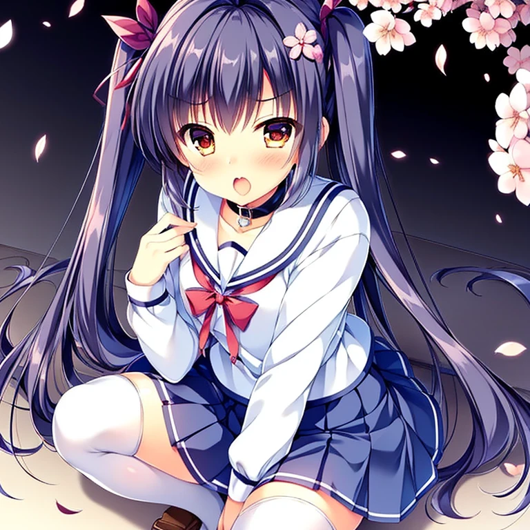  1girl, (sara, rukawa sara, dcIii, d.c.Iii, d.c.Iii～ダ・カーポIii～, Rukawa Sara ), brown eyes, twintails, flower hair clip, hair white ribbon, shiny hair, glow eyes, shiny skin, (collar:1.5), (school uniform,  serafuku, skirt, school uniform, white shirt, blue pleated skirt, black thighhighs:1.2), (cherry trees, cherry blossom petals background, petals dancing in the wind:1.5), nsfw, (skirt lift:1.5), (squatting, Open legs, vagina:1.3), (heart-shaped pupils:1.1), (open mouth, tongue out:1.3), (vulgarity:1.3), (fucked silly:1.3), (steam:0.8), (wet:0.8), (drooling:1.1), sweat, (crotch tattoo, glowing tattoo:1.2), (hyper extreme detailed), (masterpiece), (hyper extreme), (photorealistic), cG, (colour:1.2), Alone, cowboy shot, from above, looking at view,