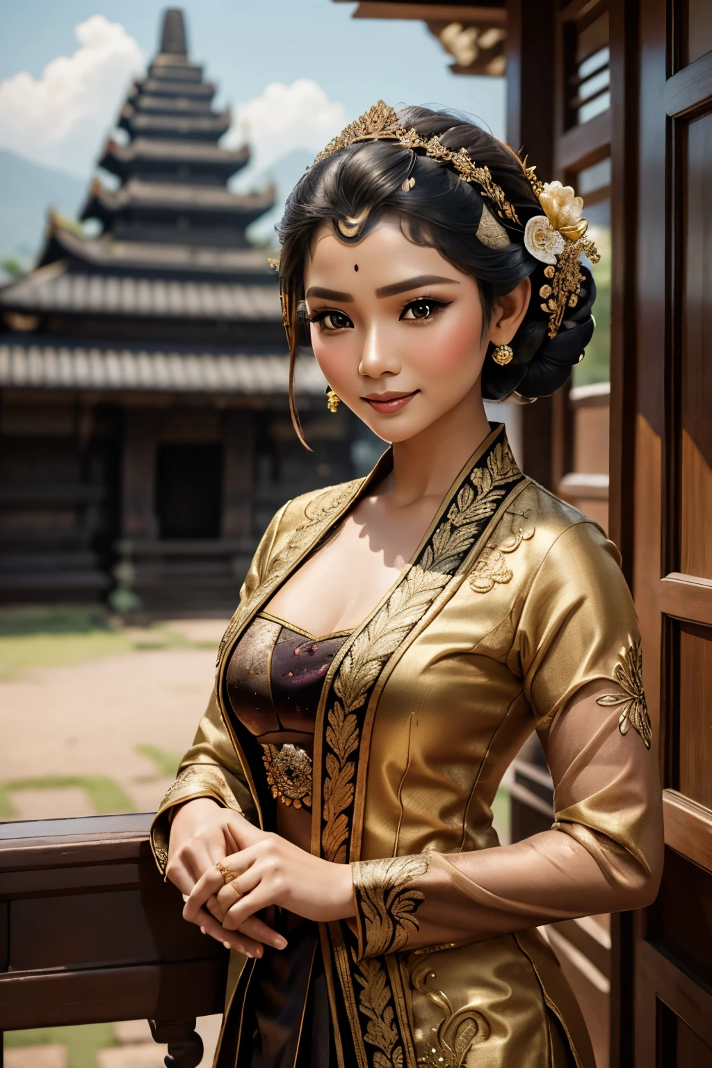   Intricate Detailed Portrait of an Elegant Javanese Woman, traditional embroidered brokade kebaya dress and hairdo, facing the camera, subtle smile, Collage with Borobudur temple and photographic power, 