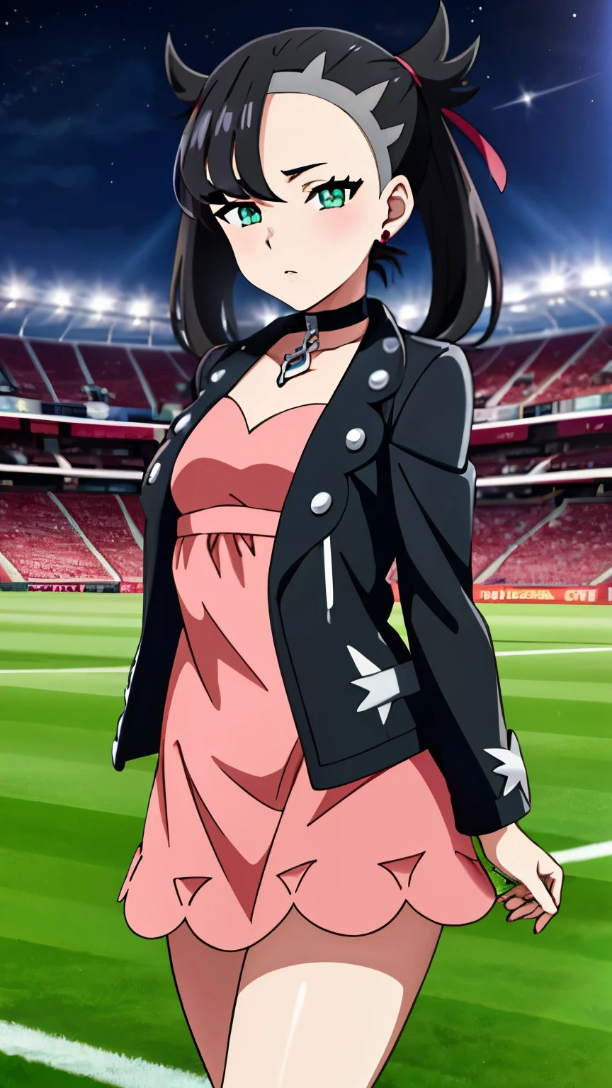 Marnie Pokemon, Marnie \(Pokemon\), blue-green eyes, green eyes, black hair, medium hair, asymmetrical bangs, black choker, red hair ribbon, earrings, black nail polish, medium breasted, (masterpiece, highest quality, highly detailed, 8k:1.2), Perfect eyes, detailed eyes,
Ecchi anime style, anime girl, Ecchi style, digital anime art, anime style, official artwork, visual novel CG, beautiful anime girl, anime style 4K, (leather black jacket, pink mini dress), (night, stadium, satellite)