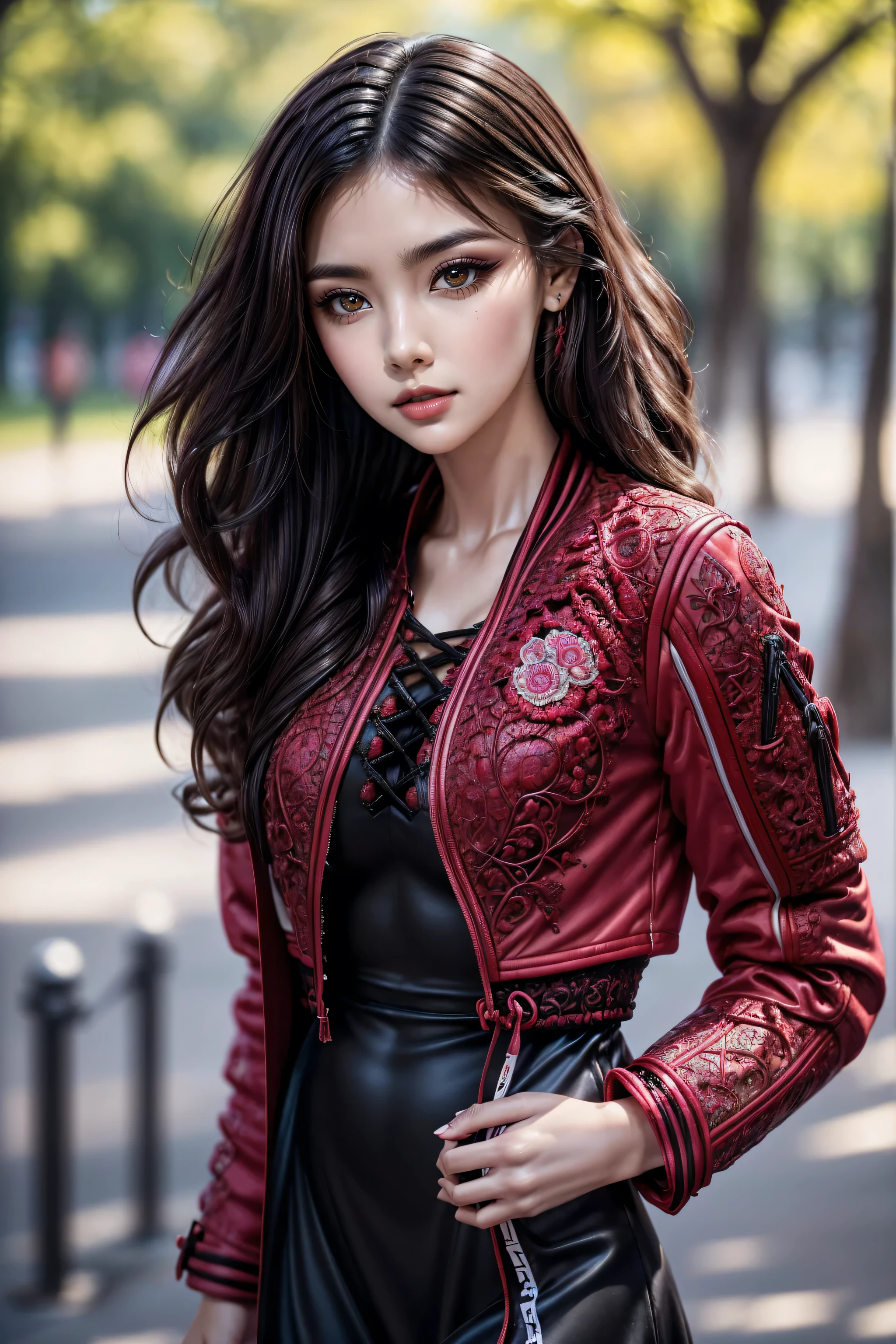 Quality\Realistic,(hyper-photorealistic Realism),(high resolution),((ultra extreme detailed digital art)),hyper-real texture skin,ultra-real texture hair,hyper-realisitic,hyper-quality,(professional photography,golden ratio\), BREAK ,Famale\solo,1woman:1.4,20yo,(spectacular photo of a Chinese woman:1.35),(Super beautiful),(vivid and colorful),(black hair,(curly waves),intricately detailed:1.25),The attention to detail,focus of girl,dynamic pose,sexy and seductive,flirty smile,dslr,high quality split lighting,sharp focus captured by Fujifilm XT3,f 5.6,in a dramatic lighting,(perfect composition\),Skin\(white,pale,smooth,silky,shiny\),Eyes\(sharp focus,Ultra resolution,absurd quality,clearly visible ultra details,no blurry,perfect round realistic brown_eyes:1.35),(extremely fine details eyes),((close up of a woman's eyes:1.2)),(perfect round eyes:1.4),(finely detailed pupils,(extremely fine details of pupils:1.3)),(extremely fine details of iris:1.3),((Vibrant eye digital art:delicately painted in mesmerizing array of colors)\),detailed lips:1.3,pink_makeup:1.3,(long_blue_eyeliner:1.17),(glossy red_lipstick:1.3),(perfect dark_eyeshadows:1.45),(super detailed professional makeup on eyes:1.25),(highly elaborate extravagant microscopic street outfit:1.22),(minimalist provocative styling:1.23\),((Insanely detailed red((cut jacket cute)) wear:1.24)),BREAK,(long white-black lace dress(lace-up dress with Intricately detailed:1.3)),(random u%u top:1.25), BREAK ,background\((walking in the park:1.3)),detailed facial features,Sharp focus,Smooth,beautiful,best photo,((best shadows)),(ray tracing),(((photo from head to knee))),(Proportions are based on a 7.5 head scale).