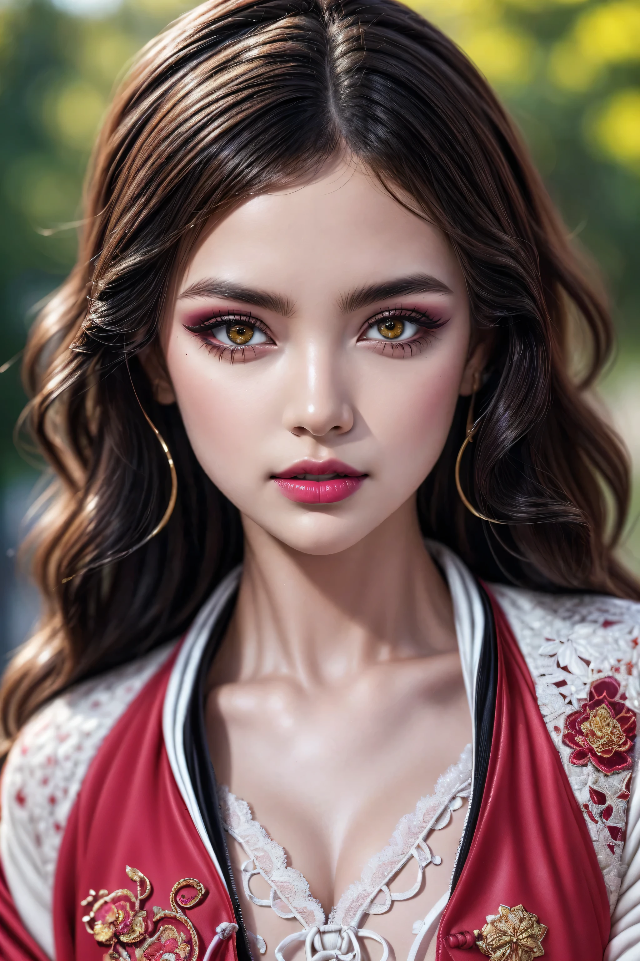Quality\Realistic,(hyper-photorealistic Realism),(high resolution),((ultra extreme detailed digital art)),hyper-real texture skin,ultra-real texture hair,hyper-realisitic,hyper-quality,(professional photography,golden ratio\), BREAK ,Famale\solo,1woman:1.4,20yo,(spectacular photo of a Chinese woman:1.35),(Super beautiful),(vivid and colorful),(black hair,(curly waves),intricately detailed:1.25),The attention to detail,focus of girl,dynamic pose,sexy and seductive,flirty smile,dslr,high quality split lighting,sharp focus captured by Fujifilm XT3,f 5.6,in a dramatic lighting,(perfect composition\),Skin\(white,pale,smooth,silky,shiny\),Eyes\(sharp focus,Ultra resolution,absurd quality,clearly visible ultra details,no blurry,perfect round realistic brown_eyes:1.35),(extremely fine details eyes),((close up of a woman's eyes:1.2)),(perfect round eyes:1.4),(finely detailed pupils,(extremely fine details of pupils:1.3)),(extremely fine details of iris:1.3),((Vibrant eye digital art:delicately painted in mesmerizing array of colors)\),detailed lips:1.3,pink_makeup:1.3,(long_blue_eyeliner:1.17),(glossy red_lipstick:1.3),(perfect dark_eyeshadows:1.45),(super detailed professional makeup on eyes:1.25),(highly elaborate extravagant microscopic street outfit:1.22),(minimalist provocative styling:1.23\),((Insanely detailed red((cut jacket cute)) wear:1.24)),BREAK,(long white-black lace dress(lace-up dress with Intricately detailed:1.3)),(random u%u top:1.25), BREAK ,background\((walking in the park:1.3)),detailed facial features,Sharp focus,Smooth,beautiful,best photo,((best shadows)),(ray tracing),(((photo from head to knee))),(Proportions are based on a 7.5 head scale).