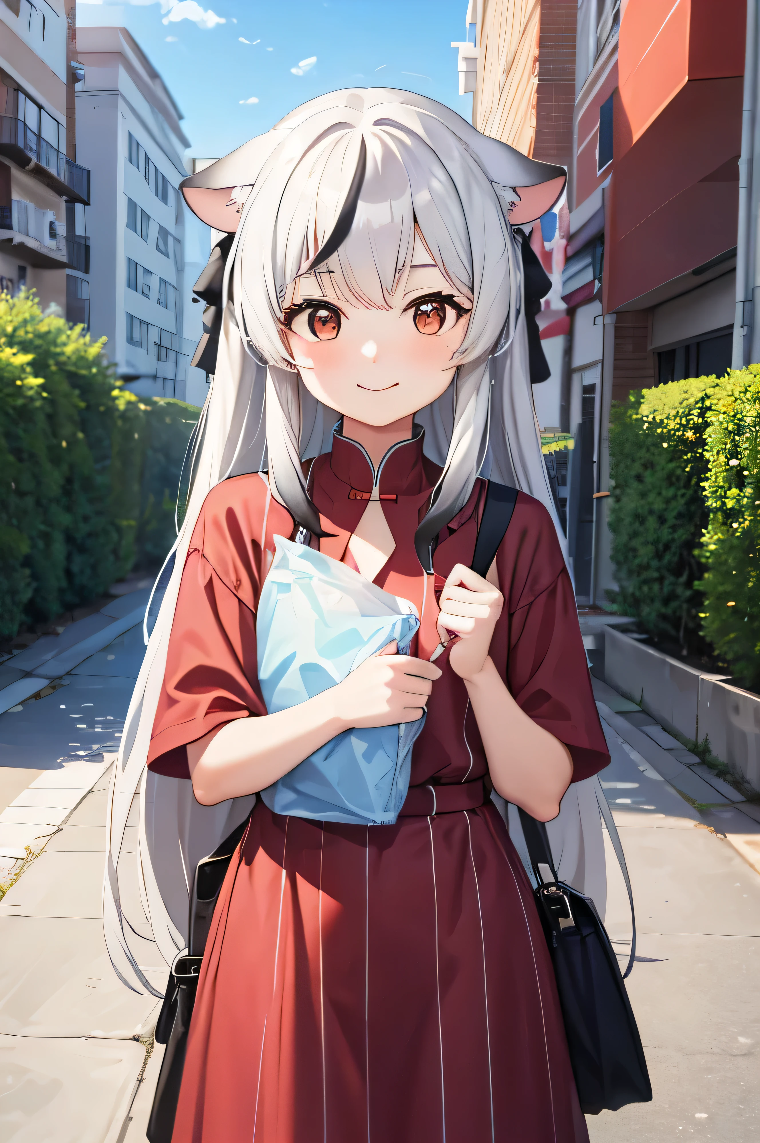 Gray Hair, cute girl,  holding a bag , Wearing a red shirt, Outdoor masterpieces, 4K quality, 4K resolution, Long Hair, smile