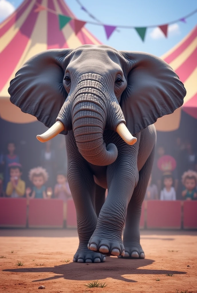 A majestic elephant, its gray body gleaming under bright spotlighting, breaks into a joyful dance in the center ring of a colorful circus. Its trunk twirls and wraps around itself as it spins to upbeat music, its ears flapping wildly. The big top's red and white striped canvas stretches above, a vibrant backdrop for this whimsical spectacle.