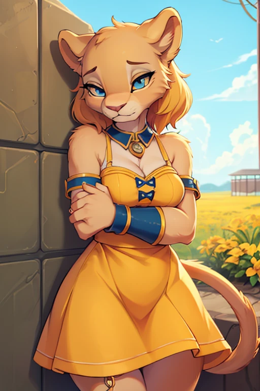 Lion Girl,Lana as a ,Sad expression,  Yellow fur Blue eyes,Orange Summer Dress, The background is a prison,Captured in handcuffs