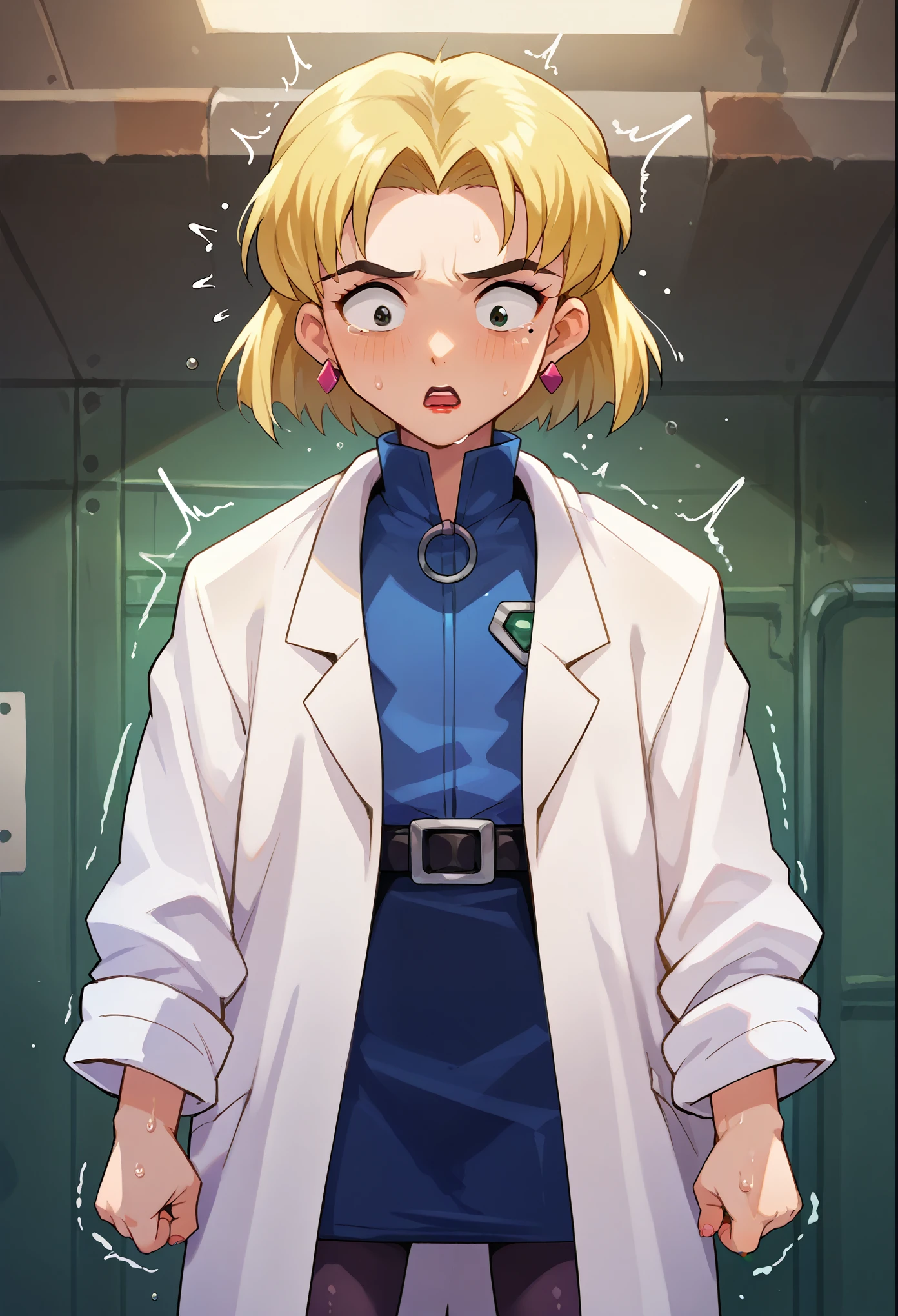 score_9, score_8_up, score_7_up, 1girl, solo, li ,flat chest, Ritsuko, 1girl, solo, blonde hair, mole under eye, labcoat, earrings, jewelry, short hair, belt, lipstick, makeup darkblue skirt, black pantyhoses, belt, sweating, shaking, shocked, scared, looking down, surprised, indoor, lab background, AgeRegression, Oversized Clothes
