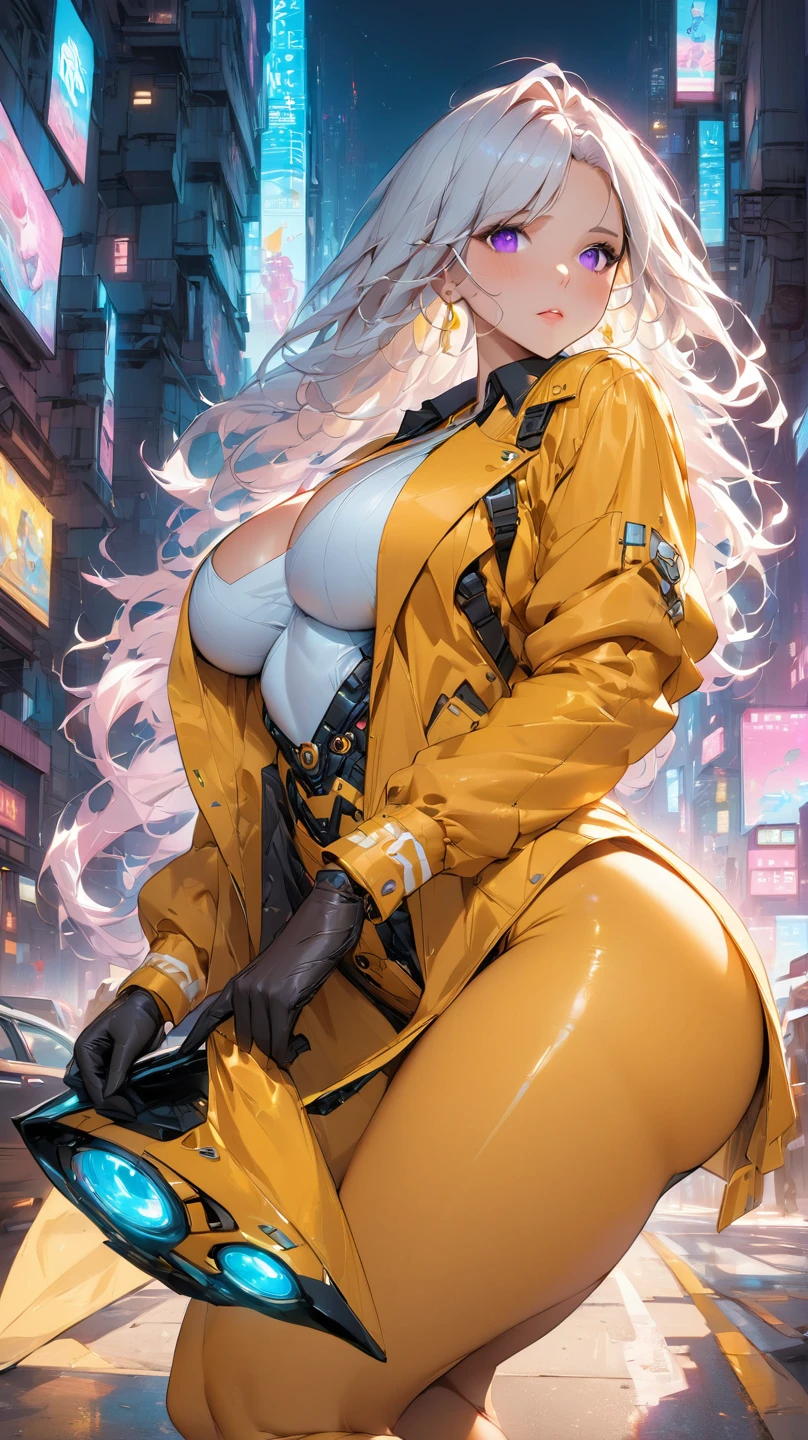 dark skin,very dark skin,dark_skin,
girl rave,(((1girl))),((anime girl with extremely cute and beautiful white hair walking seductively down the street)),

(large breasts:1.4),saggy breasts,(((white hair:1.35,straight hair,long hair:1.4,colored inner hair,ear breathing))),((very light yellow eyes:1.3,upturned eyes:1.3,perfect eyes,beautiful detailed eyes,gradient eyes:1,finely detailed beautiful eyes:1,symmetrical eyes:1,big highlight on eyes:1.2)),((fat)),((((black girl,black skin,dark-skinned_female,dark skin:1.3,ebony skin,lustrous skin:1.5,bright skin: 1.5,shiny skin,very shiny skin,shiny body,plastic glitter skin,exaggerated shiny skin,shiny skin like ebony))),(spider lower abdomen,narrow waist,wide hip,athletic body,inflated legs,delicate detailed fingers,detailed body,detailed arms,human hands,(detailed face)),glowing skin,shiny eyes with reflexion,splashing,ultra shiny hairs, neon hairs,hologram body

cute,slutty,seductive,erotic,(((nsfw))),

zettai ryouiki,revealing clothing,show skin,((rave shirt with an yellow print,rave mini-skirt,visible thong straps)),(wearing a rave outfit:1.3,rave clothes,semi-naked,with little clothing,),(detailed outfit,detailed clothes),glowing clothes,

(dynamic pose:1.0),solo focus,((mischievous smile)),centered,scale to fit dimensions,Rule of thirds,

outdoors,((night view)),(very pretty city neon synthwave,cyberpunk night street Background:1.5,dark sky,thick clouds),future vehicles,((neon lights)),thick clouds,(cyberpunk style,neon lights, (synthwave theme background), lonely street),(((detailed background:1.25))),

(best quality),(high resolution),(sharp focus),(ultra detailed),(extremely detailed),(extremely high quality artwork),8k_wallpaper,(extremely detailed CG 8k),(very fine 8K CG),((hyper super ultra detailed perfect piece)),flawless,(((masterpiece))),illustration,vibrant colors,(intricate),High contrast,Selective lighting,Double exposure,HDR (High Dynamic Range),Post-processing,Background blur,