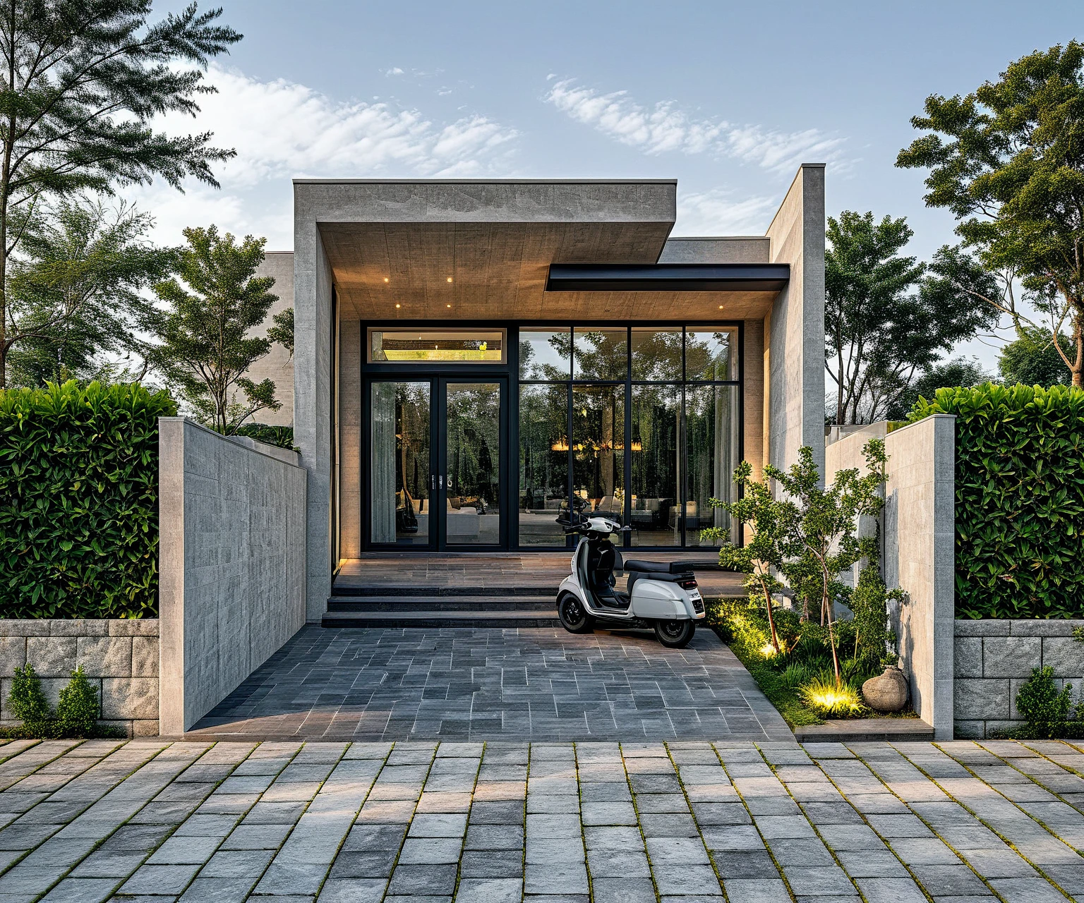 A modern, luxurious house with a sleek, minimalist design. The exterior is made of dark-toned materials, including stone cladding and large glass windows. The first floor features floor-to-ceiling windows, and an open-plan layout with visible living areas. The second floor has a spacious balcony with greenery, framed by black metal railings. The entrance is accentuated by strategically placed lights, and the front yard is landscaped with clean, geometric lines, low shrubs, and modern concrete pathways. The house emits a warm and welcoming glow from its lighting at dusk (lightnight:2.2)