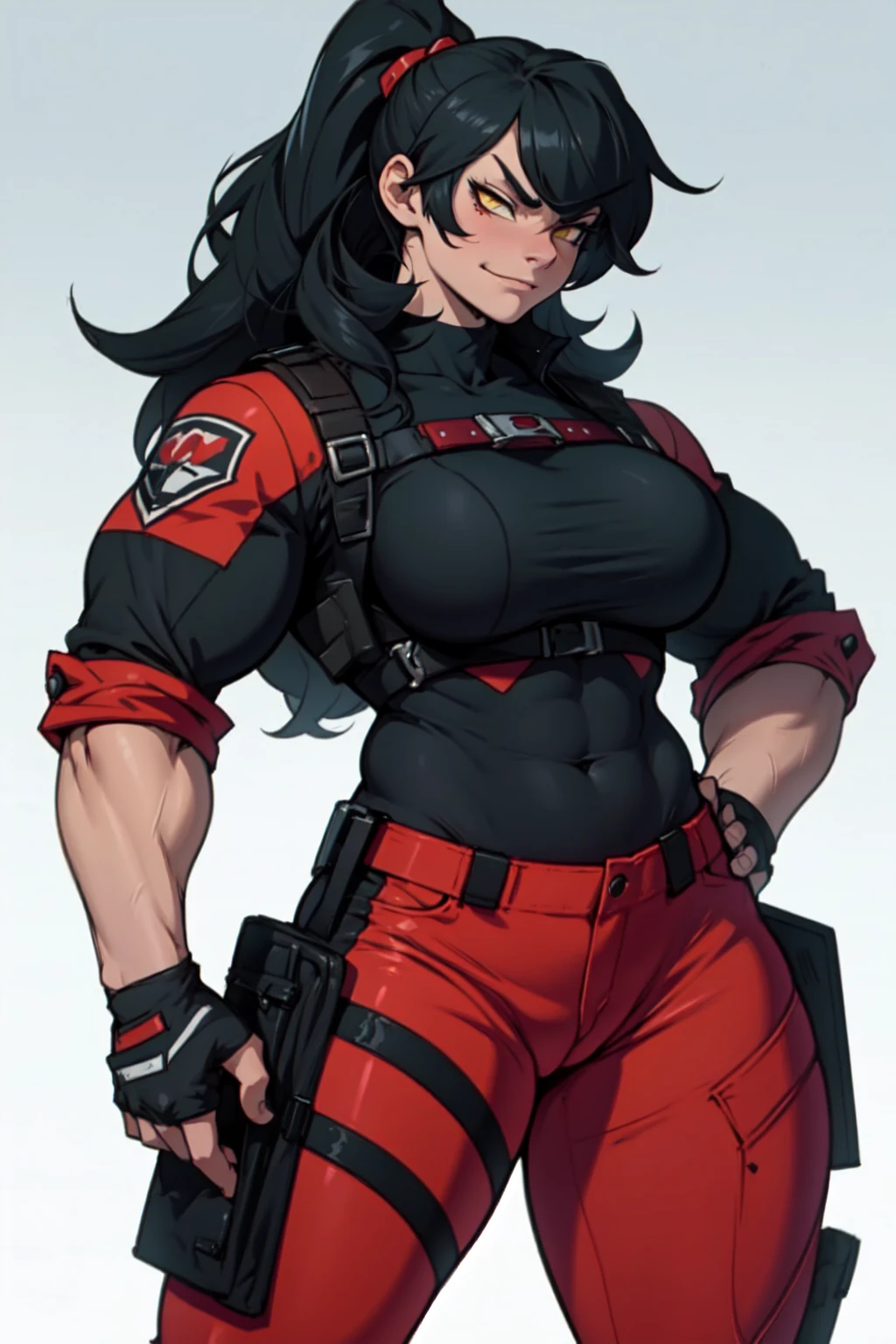 1 girl, ((muscular)), spiky ponytail, toned body, black hair, red eyes, (mask), perky breasts, long hair, navel, thick thighs