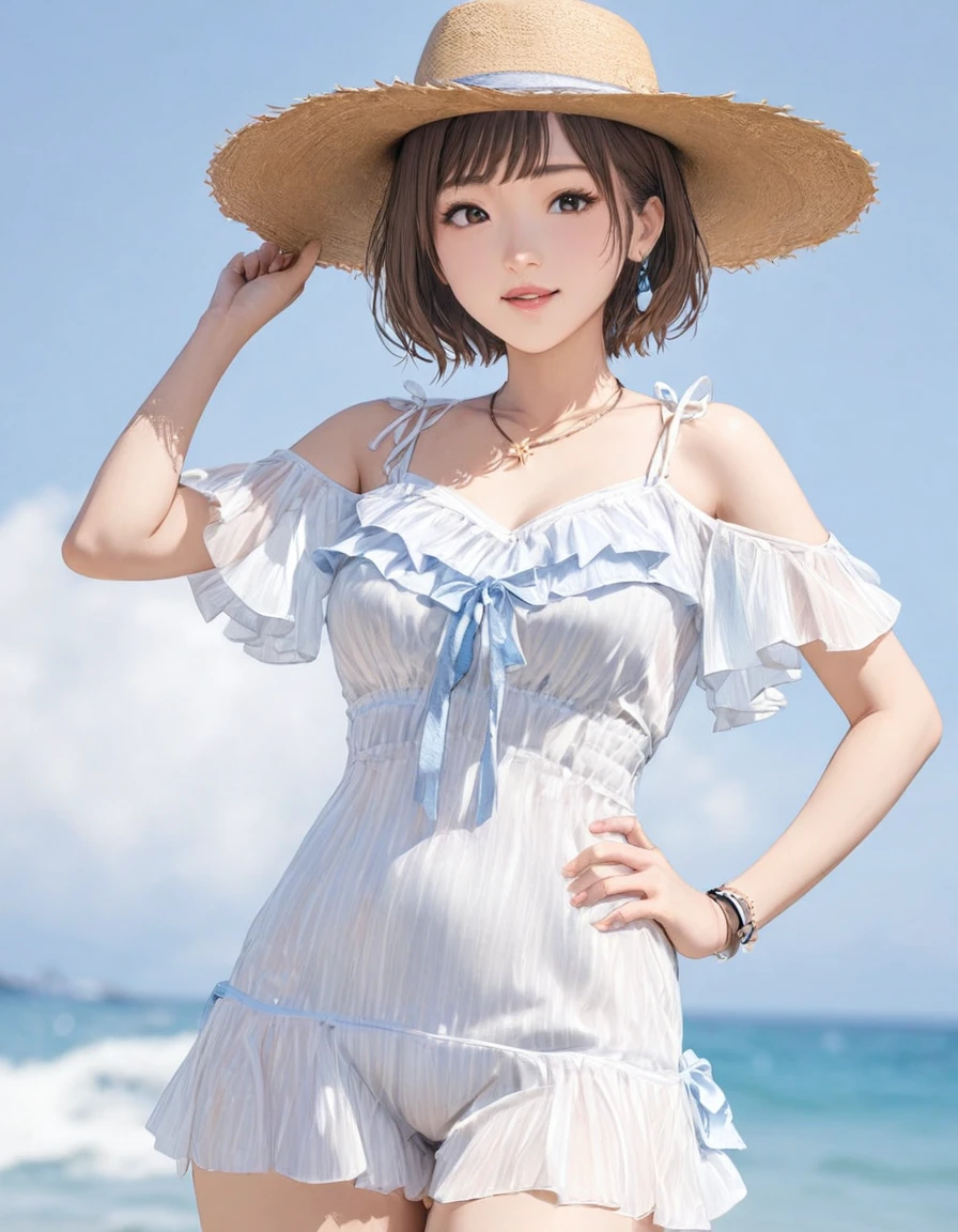 ( best quality :1.2),  1 girl, White background、summer, blouse,  cowboy shots, Front shot