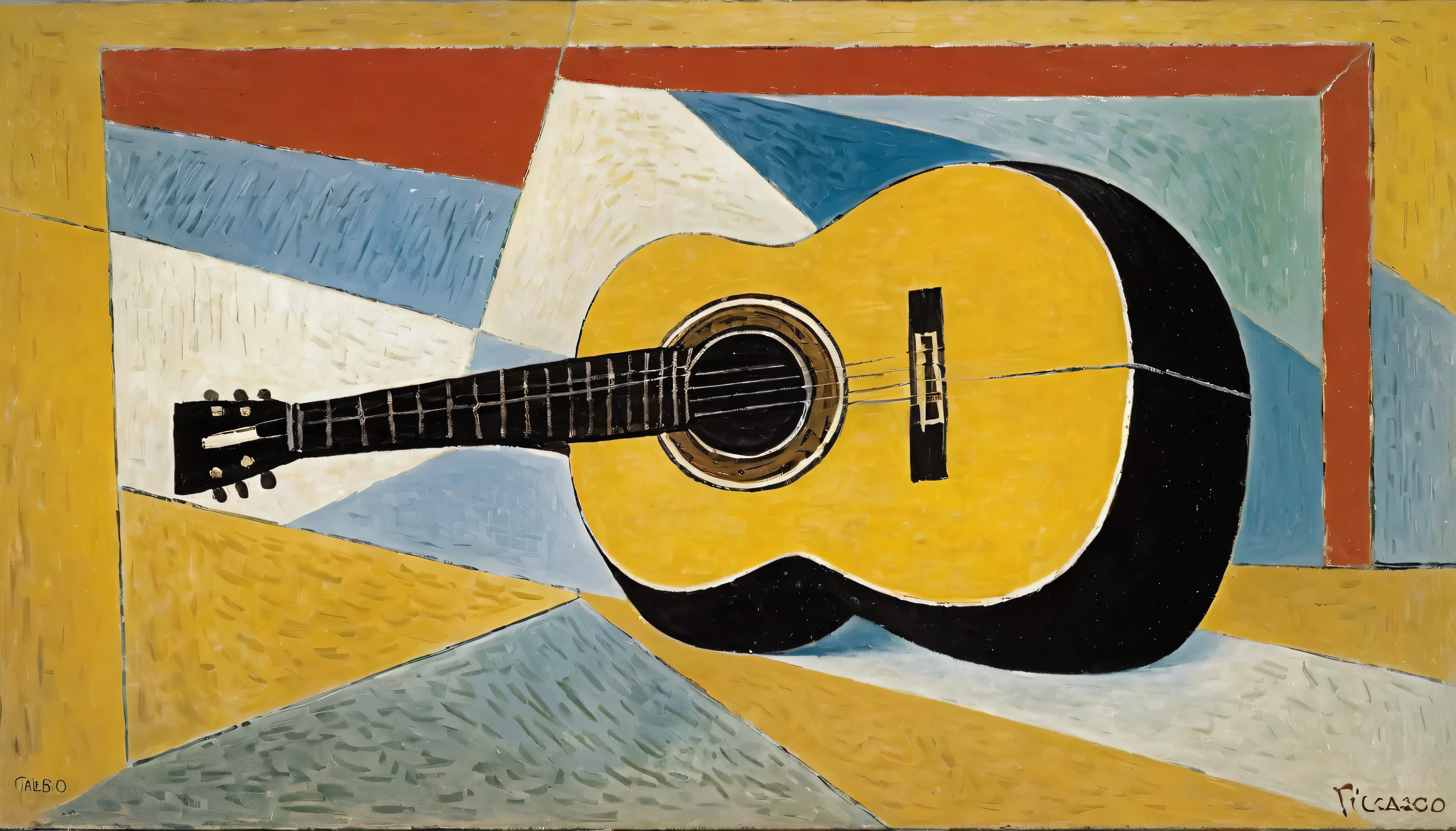 , By Pablo Picasso ,Guitar,Oil,カラフルなGuitarと背景は平面構成のみ,There are no people,unsigned