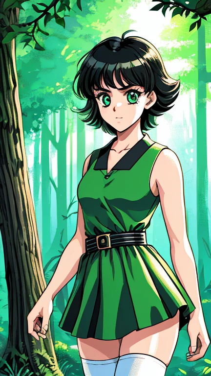 (1girl, Alone, Buttercup), (extremely detailed CG unit 8k wallpaper),(master part), (best quality), (ultra detail), (best illustration),(retro artstyle), cowboy shot, (Sharp eyeliner, ombre, detailed eyes:1), forest, outdoors background, ,break, upper body, (black hair, green eyes, short hair, messy hair), (dress, green sleeveless dress, simple black belt, white thighhighs)