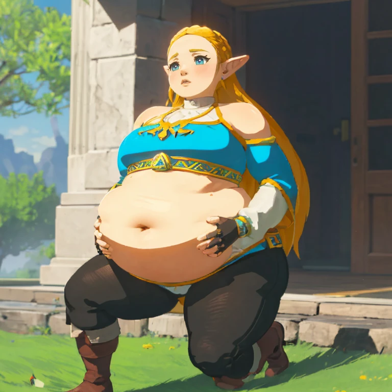 best quality, high rating, correct anatomy, uhd, high resolution, (hyper detailed), flawless, detailed, c.cu(artist), blushyspicy(artist), spellsx(artist), kipteitei(artist),(Perfect Face), 
(Zelda((Brearh_of_the_Wild))), 1girl, long hair,blonde hair, braids in hair ,earrings, elf ears, blue eyes,blue tunic over white undershirt, blue tunic with golden accents, leather gloves, black tights, leather boots, ((belly in blue tunic, covered shoulders and arms)),


((1girl)), cute face, horny, embarrassed, detailed eyes, soft smile, closed mouth

enormous belly, fat belly, thicc, bigger belly, really big belly, jiggly belly, giant huge belly, big enormous belly, ((((gigantic belly)))), bloated belly, fat belly, ginormous big belly, expanding big belly, ((holding her big belly with her hands)), deep navel:1.4, navel outline, sitting flat on the ground, immoble, spread and outstretched legs, obese belly between legs, botw style, (((covered shoulders:1.4)))