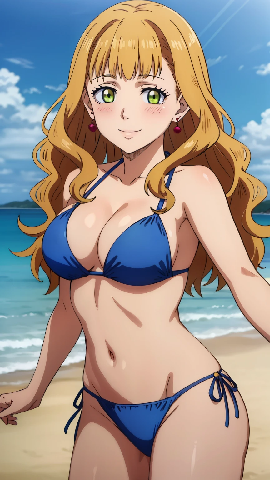 (masterpiece, best quality, high resolution, 8k:1.2), (anime coloring), confused, detailed face, beautiful face, (beautiful eyes, deep eyes), one girl, ((dynamic pose)), mimosa, green eyes, orange hair, long hair, alone, looking at viewer, wavy hair, bangs, (jewelry, earrings, bikini, beach, smiling, blushing, having fun), (cowboy shot), 