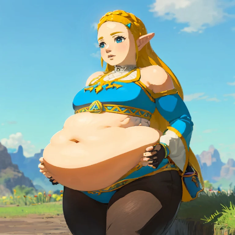 best quality, high rating, correct anatomy, uhd, high resolution, (hyper detailed), flawless, detailed, c.cu(artist), blushyspicy(artist), spellsx(artist), kipteitei(artist),(Perfect Face), 
(Zelda((Brearh_of_the_Wild))), 1girl, long hair,blonde hair, braids in hair ,earrings, elf ears, blue eyes,blue tunic over white undershirt, blue tunic with golden accents, leather gloves, black tights, leather boots, ((belly in blue tunic, covered shoulders and arms)),


((1girl)), cute face, horny, embarrassed, detailed eyes, soft smile, closed mouth

enormous belly, fat belly, thicc, bigger belly, really big belly, jiggly belly, giant huge belly, big enormous belly, ((((gigantic belly)))), bloated belly, fat belly, ginormous big belly, expanding big belly, ((holding her big belly with her hands)), deep navel:1.4, navel outline, sitting flat on the ground, immoble, spread and outstretched legs, obese belly between legs, botw style, (((covered shoulders:1.4)))