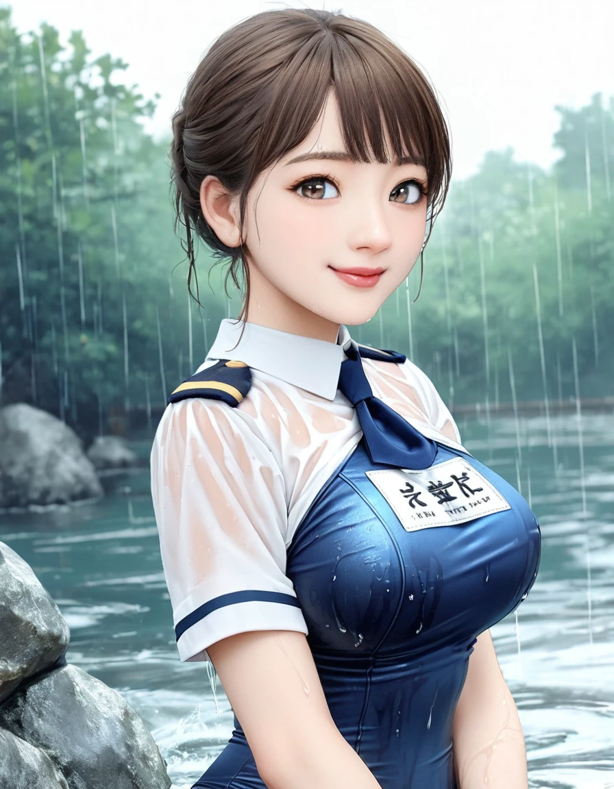 (((Satin Swimsuit:1.3, navy school swimsuit that gets wet outdoors in heavy rain)))、Chest pocket、(((Very cute junior high school student)))、(((超sexyな中学生)))、Chest pocket、 perfect makeup、 Side shot 、One Girl, HD quality, (Large Breasts), (sexy)、Sunburned skin, smile, White background, (  beautiful eyes ),