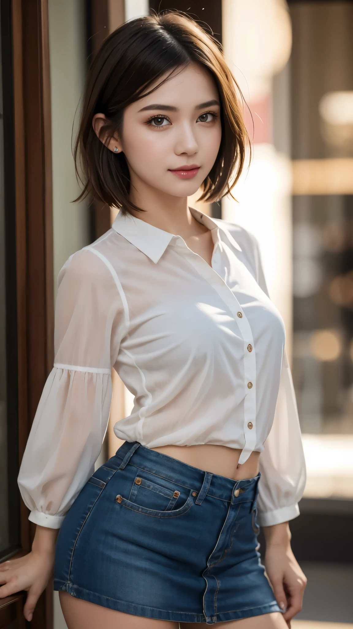 Best quality, 8K, HDR, high resolution, absurd:1.2, background blur, bokeh:1.2, photo, (RAW photo:1.2), (realism: 1.4), (masterpiece: 1.3), (incredibly detailed: 1.2), 1 cute detailed girl, solo, delicate and beautiful details, cute face, (detailed eyes), (detailed facial features), petite and beautiful clear eyes, detailed pupils, skin-tight, Authentic skin texture, going-out makeup, (viewer), from the front, beautiful detailed Perfect female fullbody,(best quality:1.4), (ultra-high resolution:1.2), cinema light, (highly detailed illustration), (lip gloss, best quality, ultra-high resolution, depth of field, caustics, broad lighting, natural shading, 85mm, f/1.4, ISO 200, 1/160s:0.75), short hair, blouse, mini skirt, 20-year-old