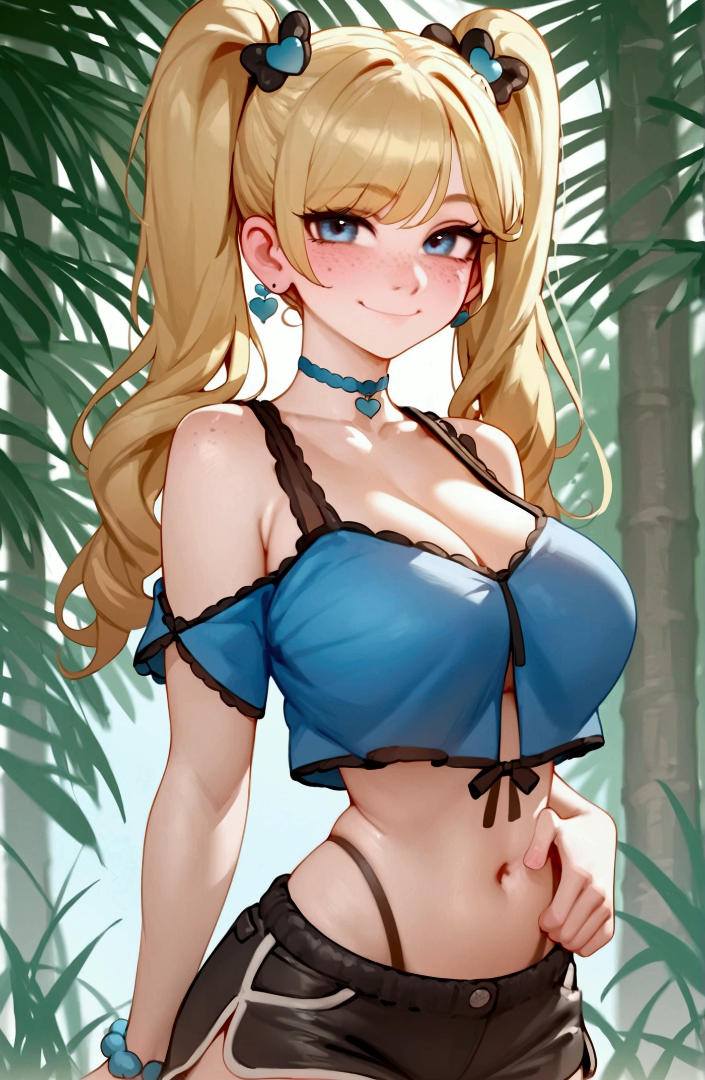 score_9,score_8_up,score_7_up,score_6_up,score_5_up,score_4_up,1girl, pretty girl, pawg, thick ass, ass focus, shy smile, blond hair, in twintails, pale skin,highly detailed face, cute nose, seductive, freckles, slim blouse, black shorts ,big bust,wide hips,big ass,bubble ass,athletic legs,juicy ass,hot,horny,seductive sexual pose,uncensored
