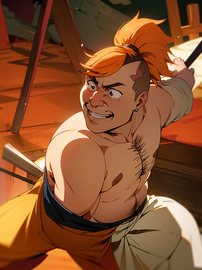 digital artwork, illustrative, tite kubo (/style/), anime, solo, (((swinging quarterstaff))), (((fighting))), (((quarterstaff with small spherical tip))), detailed face, (((aged face))), pockmarks, snub nose, (((ugly face))), (((masculine))), monk attire, wide grin, upturned nose, highly detailed, detailed face, FFCorneo, heavy build, fat, horny, orange hair, (((clean shaven))),