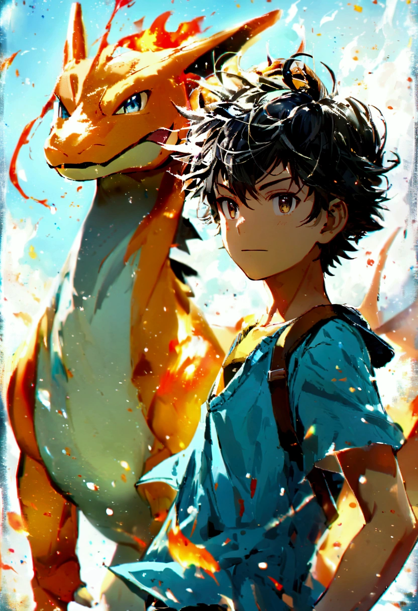 A boy playing with Charizard, Charizard is Brave and cool,