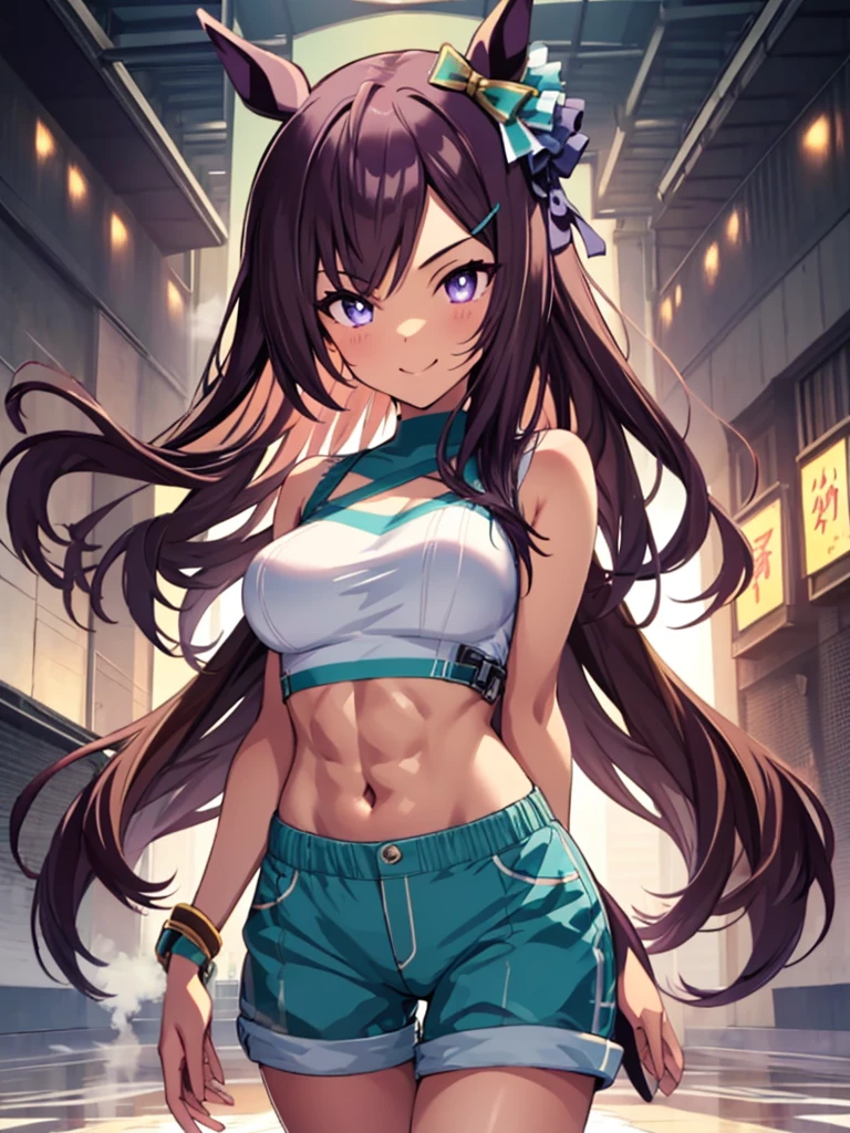 masterpiece,anime screencap,source_anime,highly detailed girl,highly detailed eyes,simple background,front view,
1girl,solo, mejiro dober \(umamusume\),mejiro dober \(umamusume\), ultra-detailed face, muscle, abs,detailed clear eyes, horse tail,crop top,shorts, light smile,large bulge in crotch,bursting breasts,large breasts,light on face,covered penis,
{Highest quality}, {so beautiful}, {Very detailed}, {Best illustrations},(anatomically correct),clear pupils,
standing,contrapposto,steaming body,life drawing