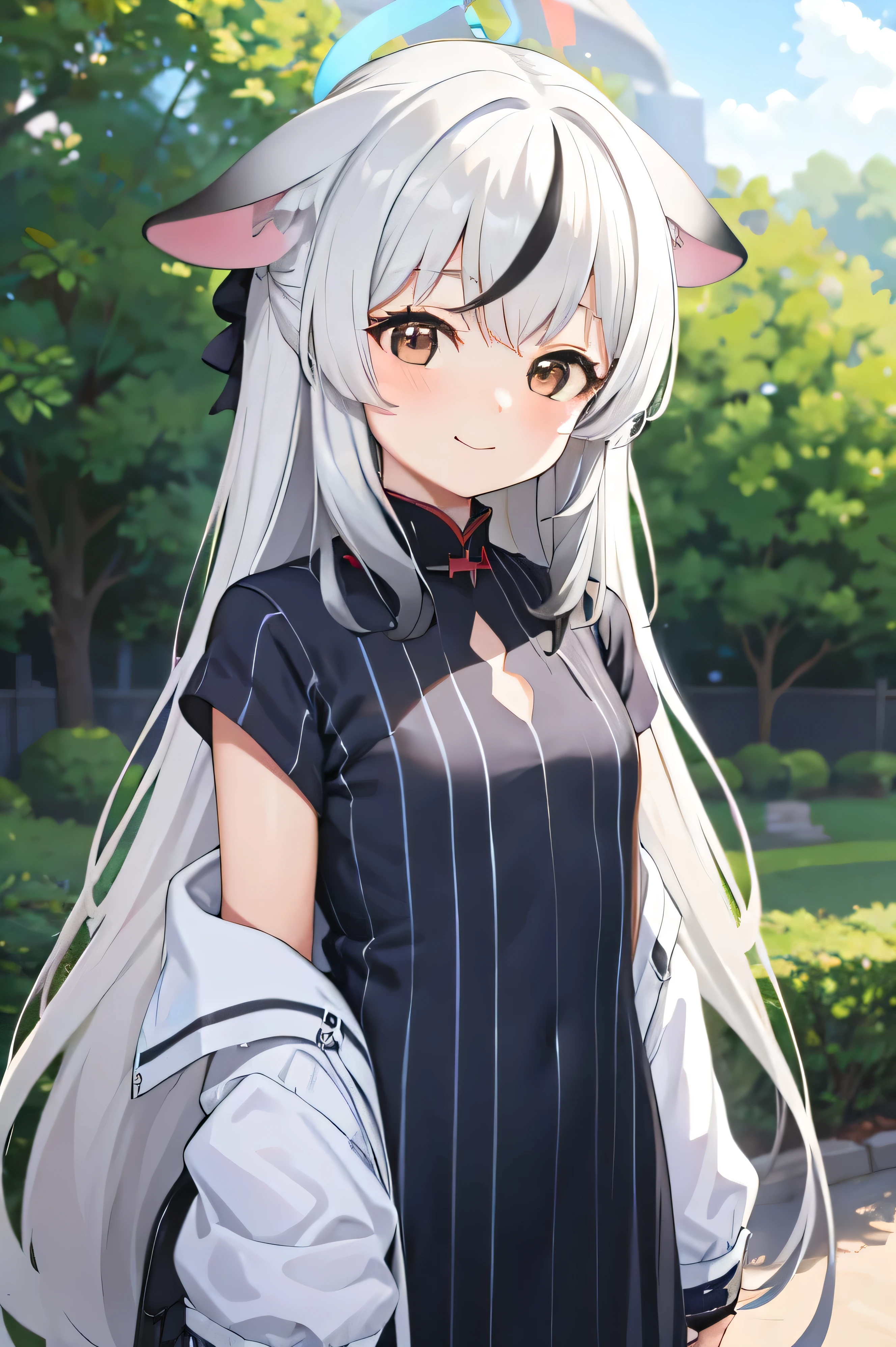 Gray Hair, Cute , Chibi, Outdoor masterpieces, 4K quality, 4K resolution, Long Hair, smile, Halo on head,  upper body, Animal ears