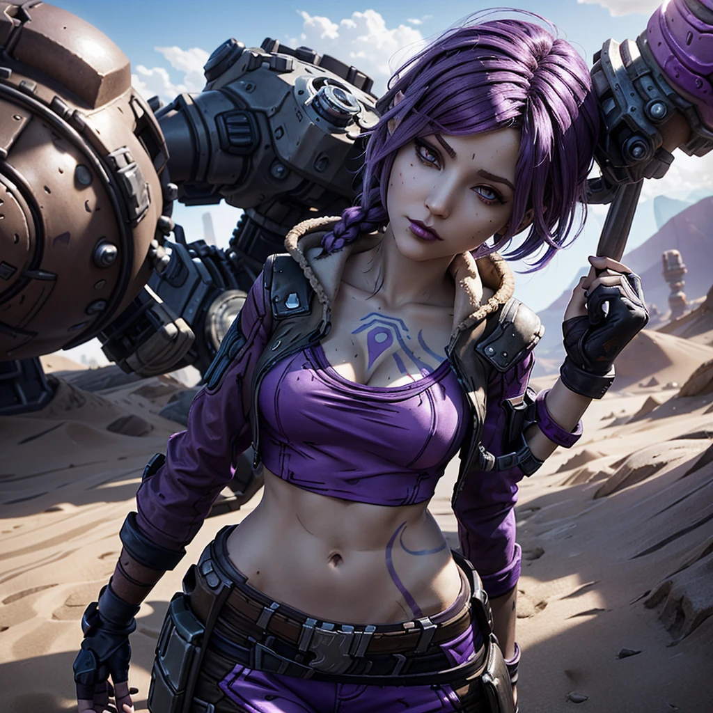 Just a beautiful Caucasian woman with a nice, fit body and firm, round breasts. She has purple hair, with just one braid. Her eyes are purple. Purple lipstick. Cosplaying as the character Lilith from the game Borderlands. Her clothes are a purple variation of Lilith's clothes. She is in a desert on the planet Pandora from the game Borderlands, during a sunny day. Detailed, high-resolution image with dynamic lighting and dynamic shadows. Realistic.