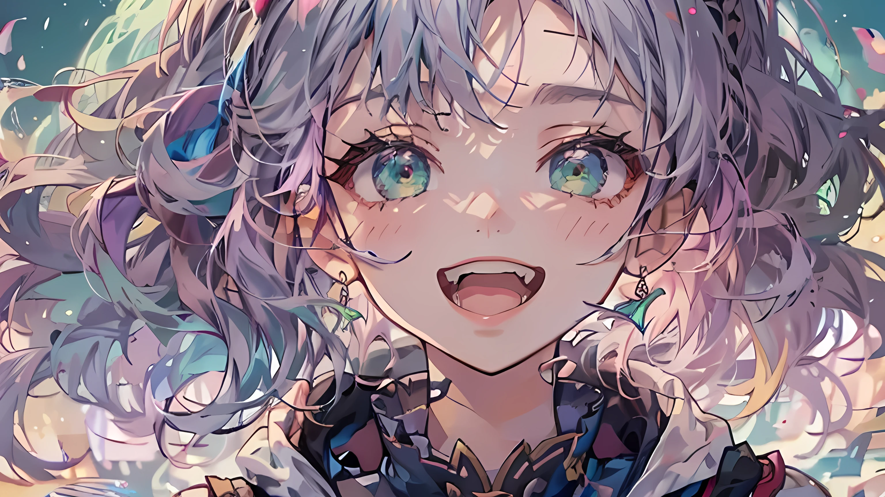 (masterpiece,  best quality :1.2),  1 girl, Alone,A high-resolution close-up of an excited teenage girl with wavy silver hair and vibrant green eyes, wearing a stylish hoodie. She spreads her arms joyfully against a softly illuminated background, embodying kawaii elegance in vivid anime style.