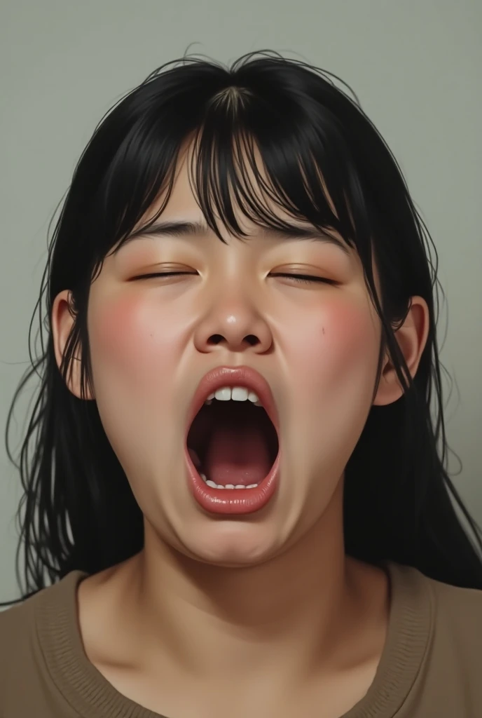 Side view of a young Asian woman,His mouth opened wide and he shouted loudly in anger..,watercolor,abstract art,greatly exaggerated