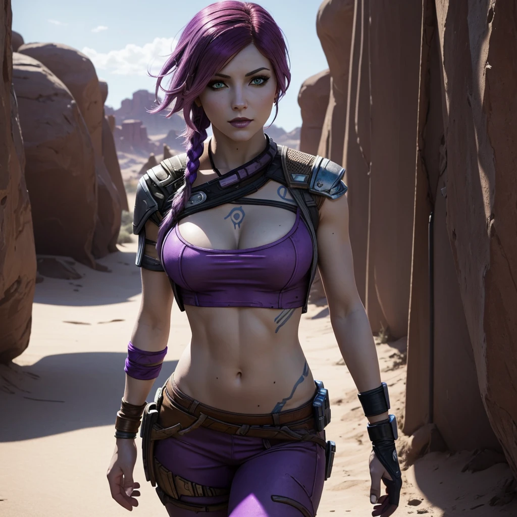 Just a beautiful Caucasian woman with a nice, fit body and firm, round breasts. She has purple hair, with just one braid. Her eyes are purple. Purple lipstick. Cosplaying as the character Lilith from the game Borderlands. Her clothes are a purple variation of Lilith's clothes. She is in a desert on the planet Pandora from the game Borderlands, during a sunny day. Detailed, high-resolution image with dynamic lighting and dynamic shadows. Realistic.