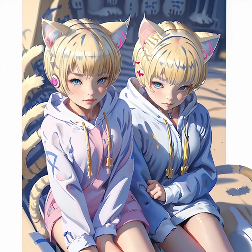 Masterpiece, best quality, high quality, ultra detailed, 😈🛸🪅Blonde hair, (Graduation short hair:1.6), a girl in a pink hoodie, short hair, bright blue eyes, big white hair ornament, (Blonde cat ears:1.6), pink hoodie, denim shorts, black sneakers,