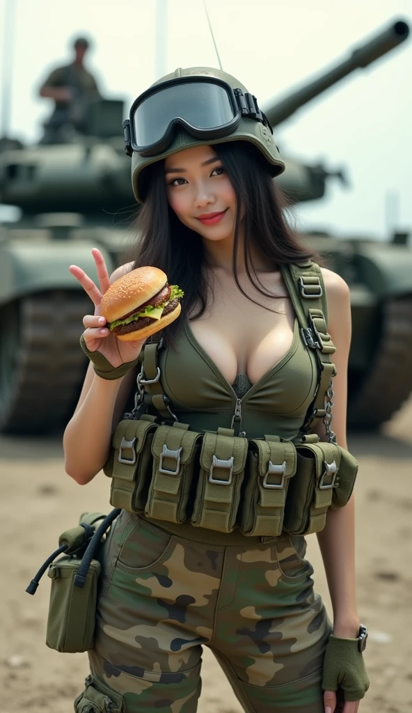 (((Woman eating donuts)))、An extremely beautiful female soldier with a rifle slung over her shoulder on a battlefield with a tank in the background, A female soldier is sitting on the ground and eating a donut、Close-up of the beautiful and determined face of a female soldier、Detailed face、Detailed chest、, (best quality,4K,8k,highres,masterpiece:1.2),ultra-detailed,(realistic,photorealistic,photo-realistic:1.37),Battlefield Photos、Donut promotional photo、