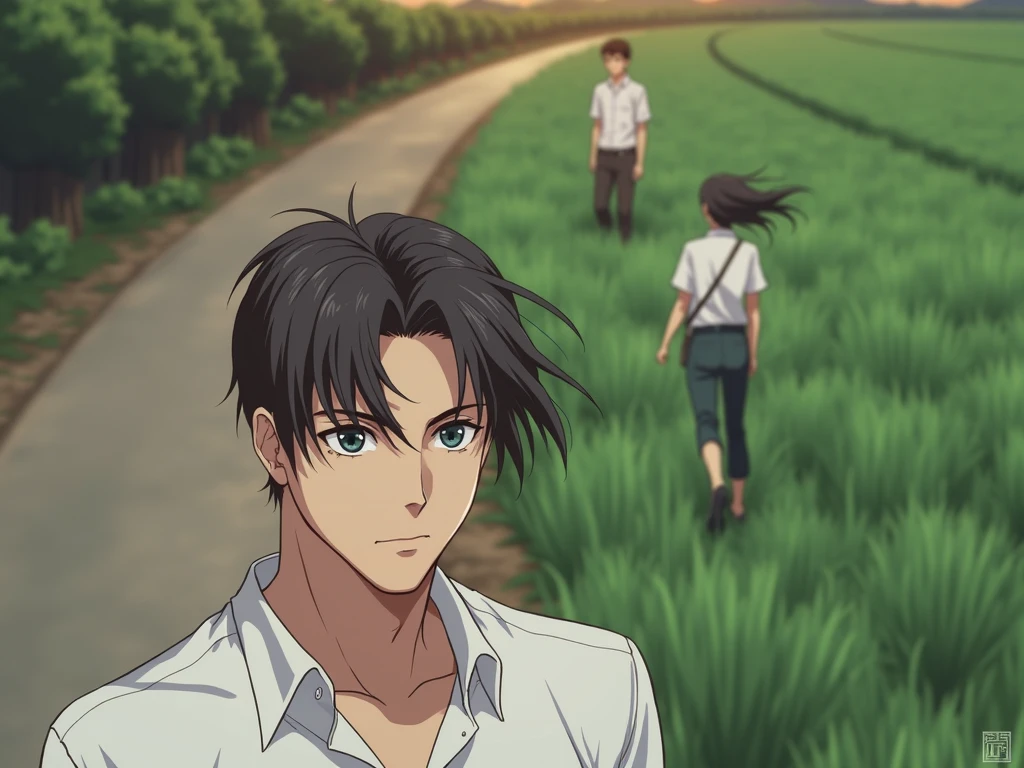 He is a high school student, , with an “imposing air about him. He is tall and muscular, with slightly long black hair. He wears his school uniform neatly, giving him a somewhat old-fashioned impression. His facial expression shows both confidence and a sense of burden, and he gazes into the distance with sharp eyes. The background is a vast expanse of fields and mountains, an autumnal landscape. He is depicted as a man with a conflicted heart, blowing in the wind under the setting sun.”