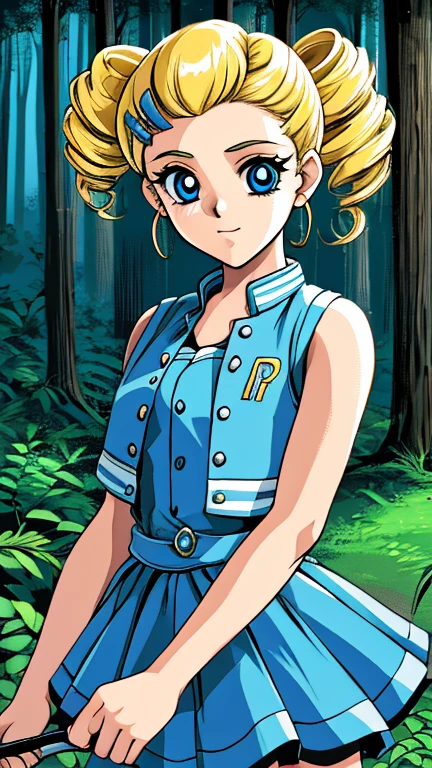 (1girl, Alone, ppgzbb), (extremely detailed CG unit 8k wallpaper),(master part), (best quality), (ultra detail), (best illustration),(retro artstyle), cowboy shot, (Sharp eyeliner, ombre, detailed eyes:1), forest, outdoors background, ,break, upper body, (blue eyes, blonde hair, twin drills, hairclip, earrings, vest, blue skirt, short skirt)