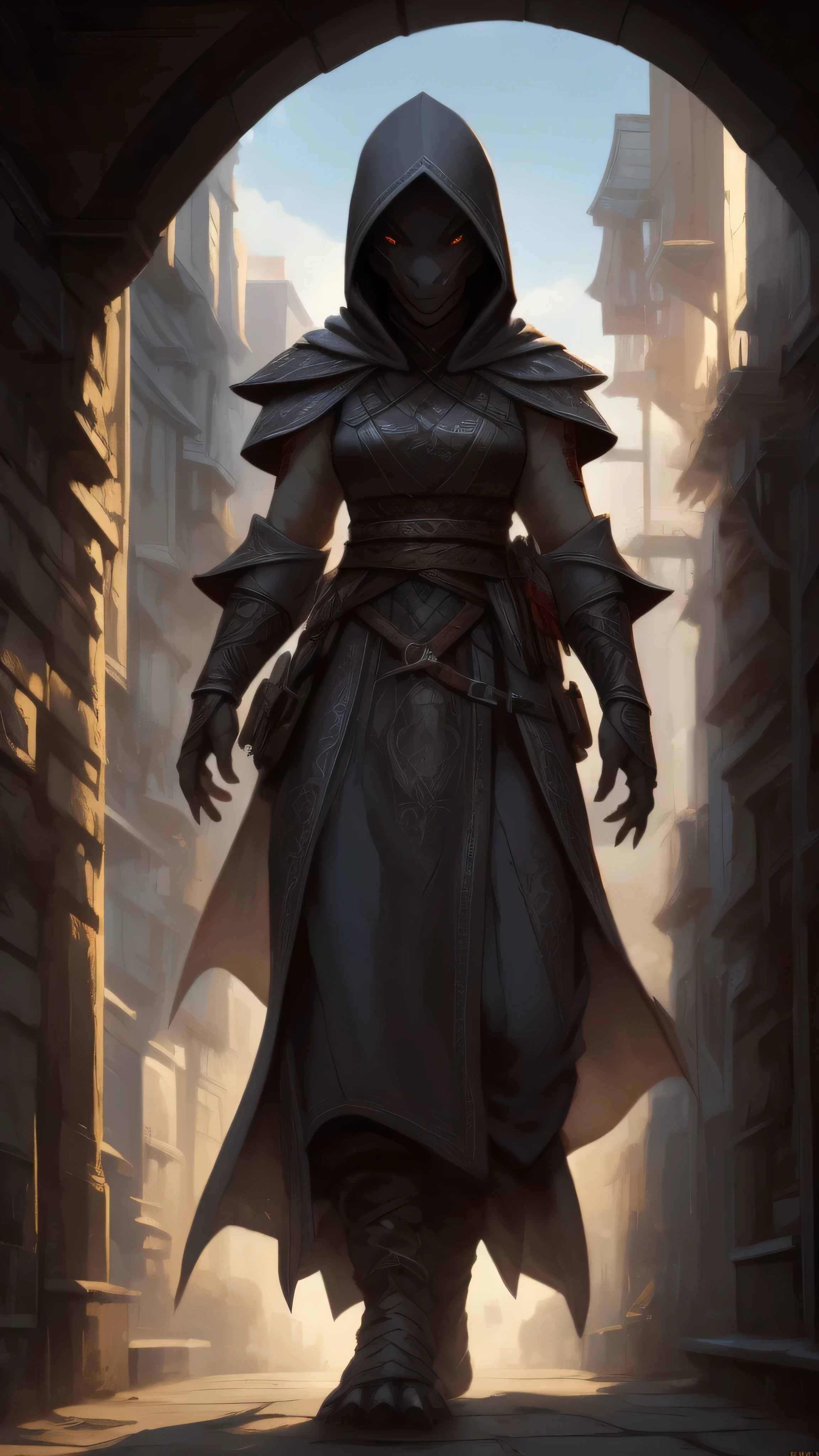 Dragonborn, female, dark purple dragonborn, black form-fitting ninja suit, lightweight materials, protective plates on arms and legs, with scale elements, dragon style, ninja mask, partially hidden face, shurikens, kunai, belt, amulet, bright dragon glow, stealth mission, (insanely detailed, beautiful detailed face, masterpiece, best quality), cinematic lighting, 1woman, solo, (full body view), front view, looking at viewer, intricate, high detail, sharp focus, dramatic, photorealistic painting art by greg rutkowski