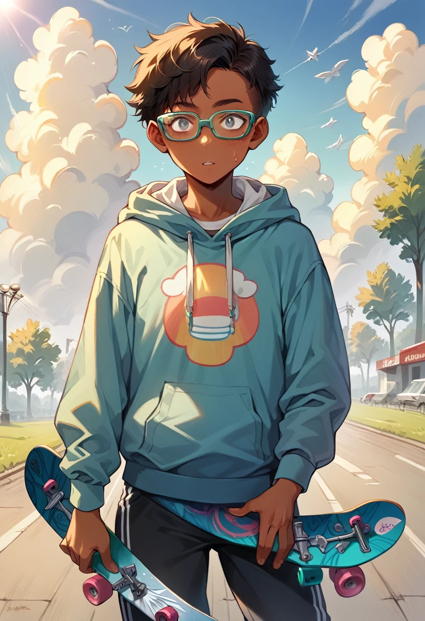 (masterpiece), best quality, expressive eyes, seductive, perfect face, dark skinned female with average build, short kinky hair, hoodie, glasses, sweatpants, holding a skateboard, at a skate park, clouds and sunlight