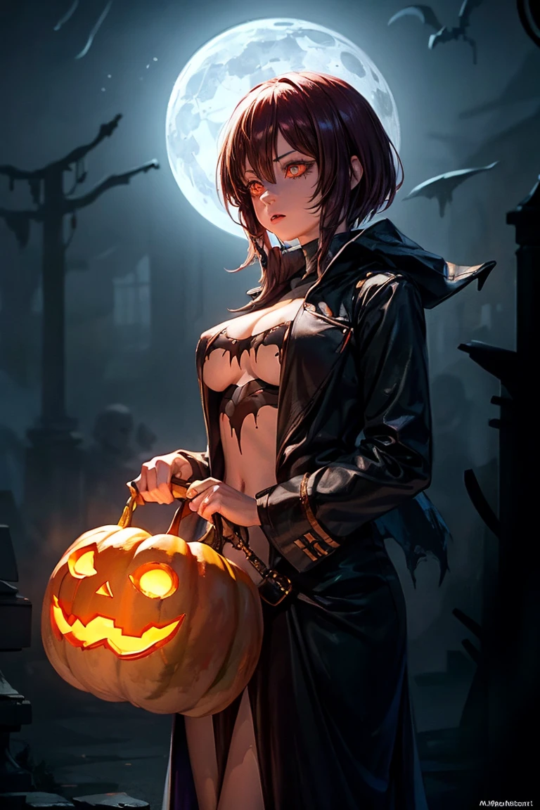 mikasa_ackerman, night, full moon, spooky background, sustainable background, pumpkins, halloween, short hair, witch, beautiful detailed eyes, beautiful detailed lips, extremely detailed eyes and face, long eyelashes, 1girl, digital painting, ultra-detailed, HDR, UHD, studio lighting, ultra-fine painting, sharp focus, physically-based rendering, extreme detail description, professional, vivid colors, bokeh, horror, dark fantasy, moody lighting, dramatic lighting, warm colors,red eyes
