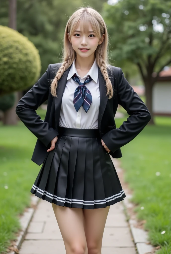 One girl, gal,  blonde hair、braided bangs、makeup, (8k、RAW Photos、Highest quality、masterpiece:1.2)、(Realistic、Realistic)、1 person、(Black blazer、Schoolgirl uniform、shirt、tie、チェックmini skirt、mini skirt、Thin legs、boots、View from the front、Looking into the camera、garden、Stand with hands on hips）、cute