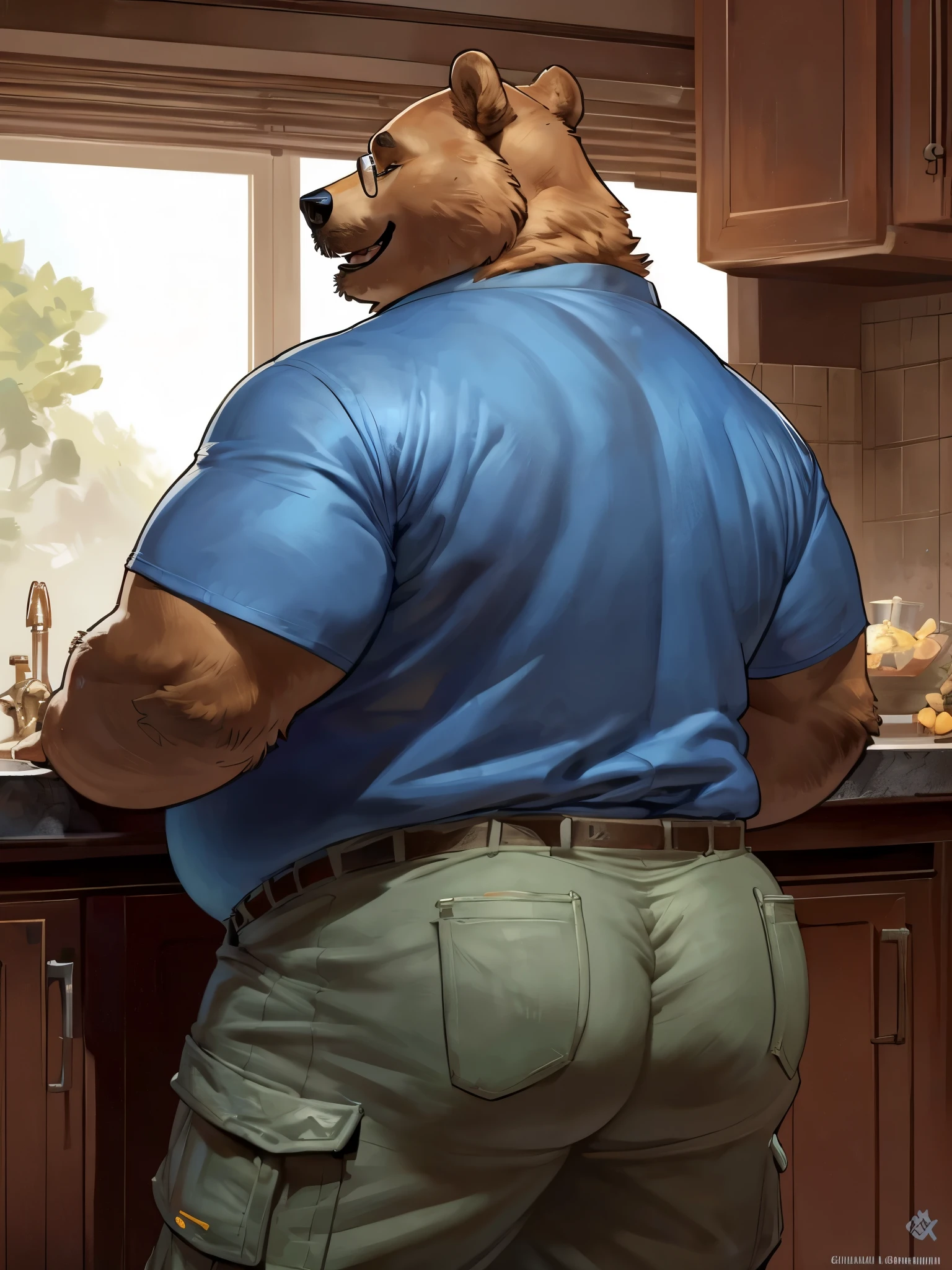 solo, semi-feral, grizzly bear, elderly male, grey muzzle, photorealistic, hyperrealistic, ultra detailed, ((by QuanJiang, by BruteandBrawn, by Taran Fiddler)), wide hips, thick thighs, fat butt, big belly, blue shirt, tan cargo shorts, low horizon, presenting butt, looking back at viewer, scruffy mustache, butt focus, overweight, kitchen background, depth of field, laughing, glasses, bear tail