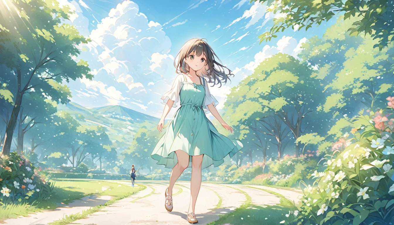 "Under the clear blue sky、 A girl walking in a nature-rich park 。 She wears cute casual plain clothes、 walking with a fresh expression 。A gentle breeze blows through、 The soft sunlight gently envelops the girl's figure 。In a landscape full of greenery 、Relaxed atmosphere。"