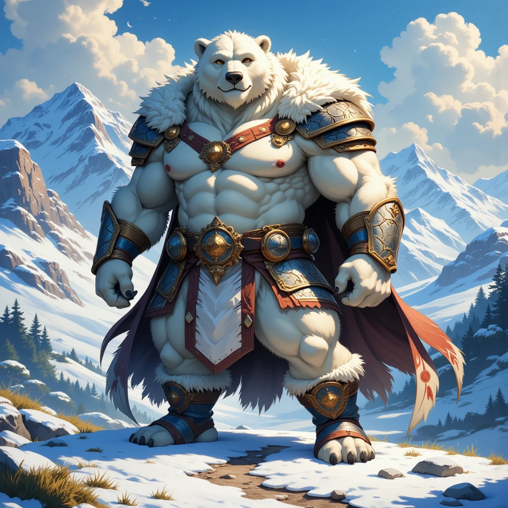 character focus, full body, looking away, various angle, european fantasy, a muscular middle-aged polar bear man, clothed, heroic costume, full face helme, full armor, mantle, pants, dynamic pose, BREAK complete anatomy, perfect proportions, beautiful thigh gap, fluffy body, intricate fur details, beautiful fur texture, BREAK (a detailed polar bear tail), detailed boots, detailed foot, detailed hands, 5fingers, 5fingers nails, BREAK aesthetic anime face, insanity detailed face, male face, big face, square jawline, aesthetic anime eyes, detailed brown eyes, detailed brown cornea, detailed dark brown irises, detailed pupils, male eyes, big eyes, male eyebrows, innocent look, beautiful beard, BREAK full body in Michelangelo Buonarroti style, digital illustration anime, housamo style, detailed painting landscape, snow mountain, path, outdoor, full color, HDR, BREAK masterpiece, official art, best quality, very aesthetic, absurdres, super fine illustration, great quality, BREAK noise reduction, very highres, large filesize, high quality, 32K, 8k wallpaper, dynamic lighting, BREAK insanity detailed, ultra detailed, intricate details, extremely detailed, detailed texture, an extremely delicate and beautiful, BREAK osukemo, e621 illustration, kemohomo, anthropomorphic, furry, cartoon, harmonious body, pastoral face, virtuous eyes, epic atmosphere