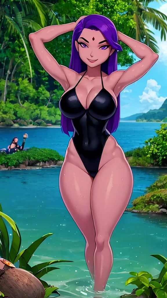 ShadRaven, Generation art astyle, Draw style, Art style, Style, Sunset71,1girl, armpit, arms up, hands on hair, big ass, big butt, looking at viewer, against tree, bamboo, bamboo forest, beach, bright purple hair, bright purple eyes, branch, breasts covered, breasts lift, bush, clothes lift, christmas tree, coconut, dappled sunlight, grey-skin, grey-skinned female, shiny skin, black leotard, belt, day, eyeshadow, fireflies, flower pot, foliage, forest, grass, hands in hair, horizon, island, ivy, jungle, lake, leaf, lily pad, lips, lipstick, long hair, looking at viewer, makeup, big breasts, mole, mole under mouth, moss, fit female, nature, navel, night, ocean, out doors, overgrown, palm leaf, palm tree, pine tree, plant, pond, potted plant, ripples, river, seaweed, smile, solo, standing, star \(sky\), stream, tan, tanabata, tanzaku, thick thighs, thigh gap, thighs, toned, tree, uncensored, vines, wading, water, waterfall, wet, wide hips, red forehead jewel,
