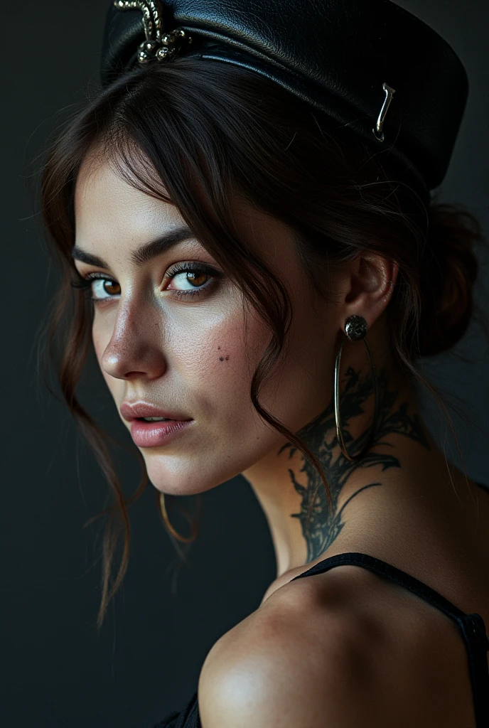 An Award-Winning Masterpiece in High Quality, HD, HDR, (photo realistic) Fine Art Photo Magazine in the Style of Intriguing Fine Art: Retouched Skin, Unfiltered Soul:
The photographer adjusts the lighting, capturing her essence. Her skin—retouched yet bearing the faintest freckles—holds memories. Tattoos peek from beneath the leather—a crescent moon and constellations. Each mark tells a story—a map of her journey.
She tilts her head, revealing the nape of her neck. There, delicate ink—a lunar phase entwined with thorns—speaks of vulnerability and resilience. The makeup artist’s brush strokes blend seamlessly, blurring the line between artifice and authenticity
                                                          (((metallic ominous war))) [in the style of Anna Razumovskaya and Clovis Trouille:0.4] ral-dissolve, surrealist fantasy, with a Maximalist Style. figure complète hyperréaliste, vetement style musique electronique, ultraRéaliste, hypermaximaliste, 4k, Moteur irréel, POINTU, détaillé, méga réalisme, Réaliste, hyperRéaliste,