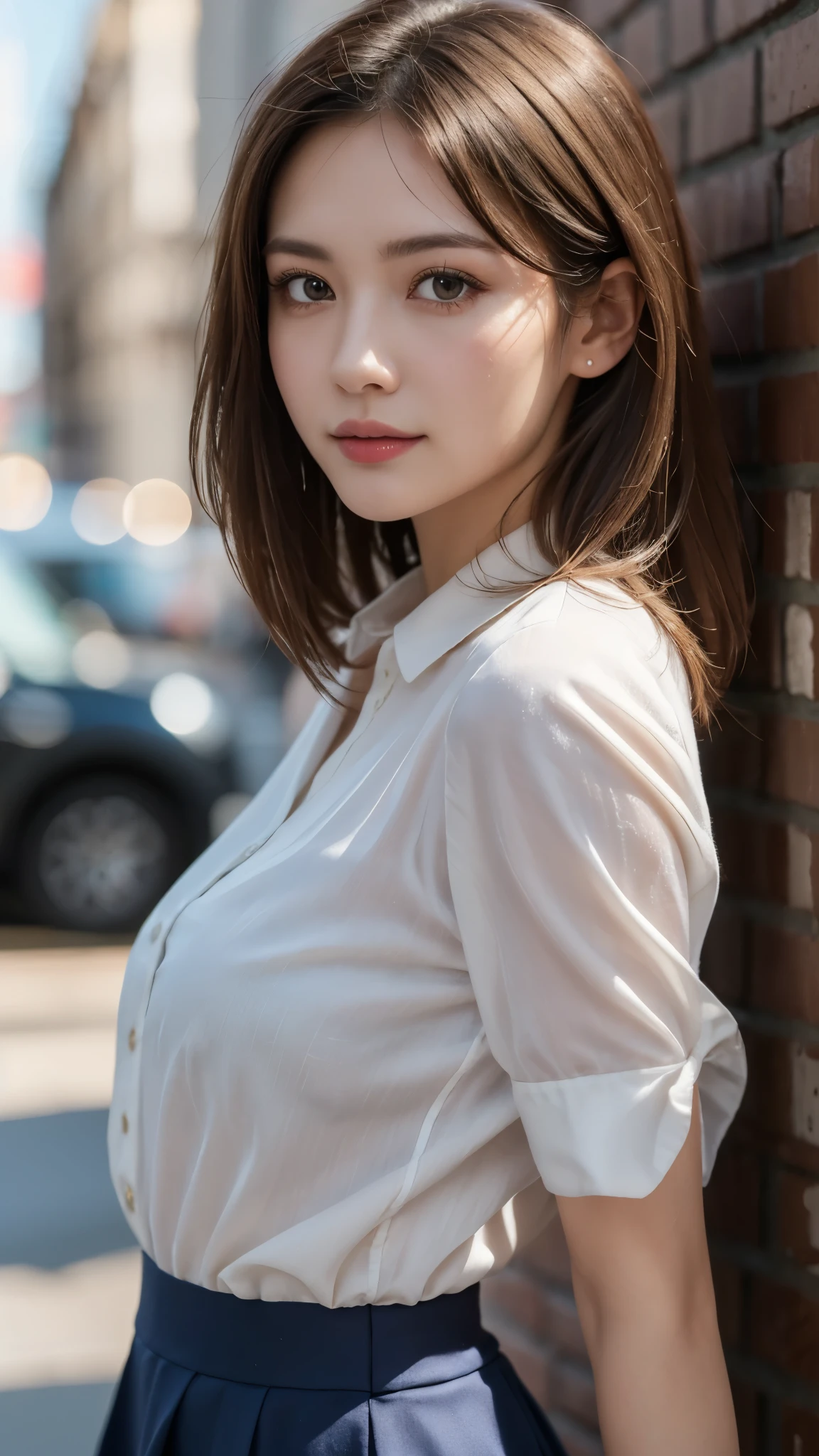 Best quality, 8K, HDR, high resolution, absurd:1.2, background blur, bokeh:1.2, RAW photo:1.2, realism:1.4, masterpiece:1.3, incredibly detailed:1.2, solo shot of a cute, 20-year-old girl with delicate and beautiful features, adorable face, detailed eyes and facial features, petite frame with clear, beautiful eyes and finely detailed pupils, wearing a skin-tight outfit with authentic skin texture and natural makeup, viewed from the front, full-body composition, best quality:1.4, ultra-high resolution:1.2, cinema lighting, highly detailed illustration, lip gloss, ultra-high resolution depth of field, caustics, broad lighting, natural shading, 85mm, f/1.4, ISO 200, 1/160s:0.75, short hair, blouse, mini skirt, and detailed cloth textures