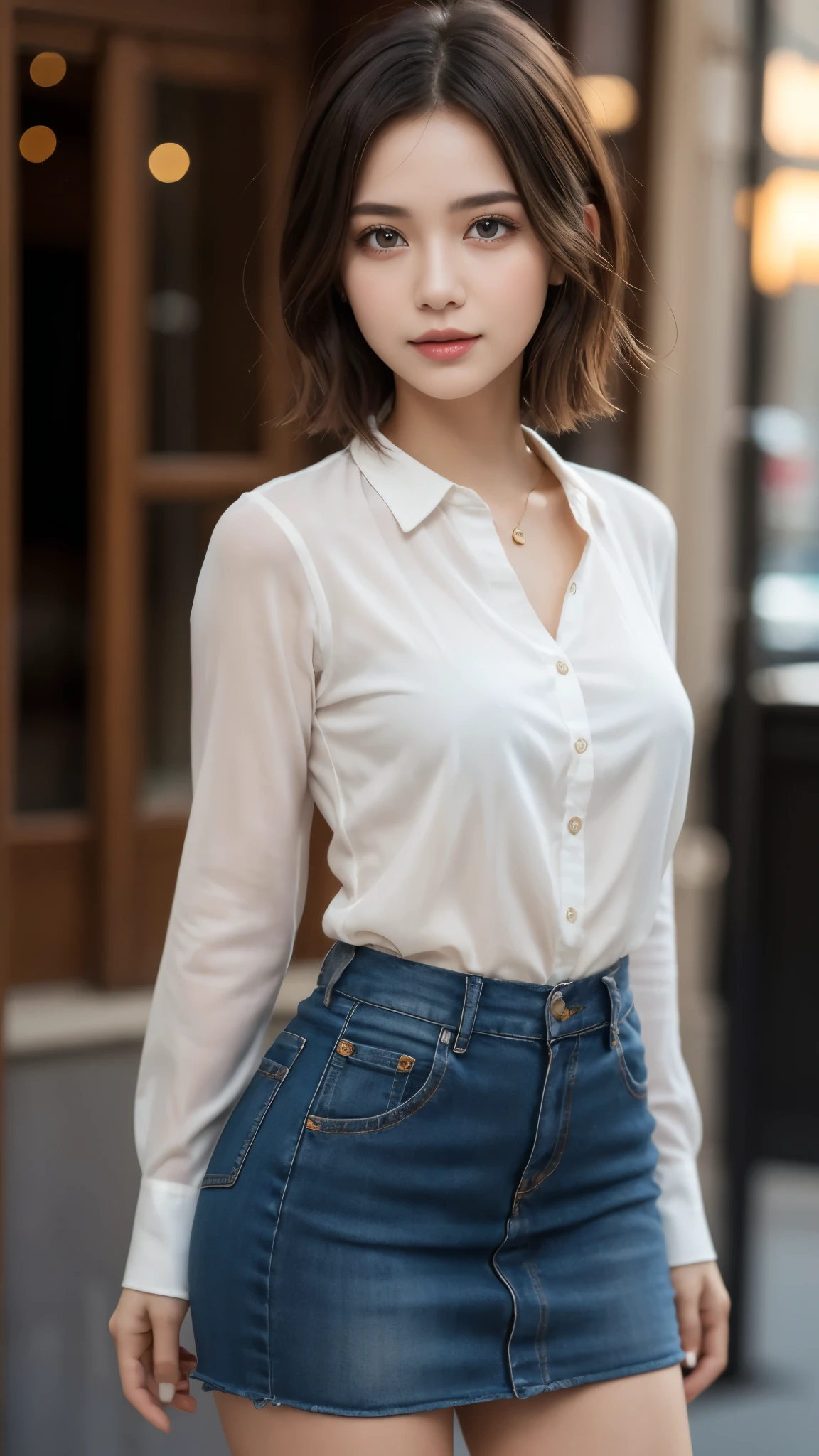 Best quality, 8K, HDR, high resolution, absurd:1.2, background blur, bokeh:1.2, RAW photo:1.2, realism:1.4, masterpiece:1.3, incredibly detailed:1.2, solo shot of a cute, 20-year-old girl with delicate and beautiful features, adorable face, detailed eyes and facial features, petite frame with clear, beautiful eyes and finely detailed pupils, wearing a skin-tight outfit with authentic skin texture and natural makeup, viewed from the front, full-body composition, best quality:1.4, ultra-high resolution:1.2, cinema lighting, highly detailed illustration, lip gloss, ultra-high resolution depth of field, caustics, broad lighting, natural shading, 85mm, f/1.4, ISO 200, 1/160s:0.75, short hair, blouse, mini skirt, and detailed cloth textures