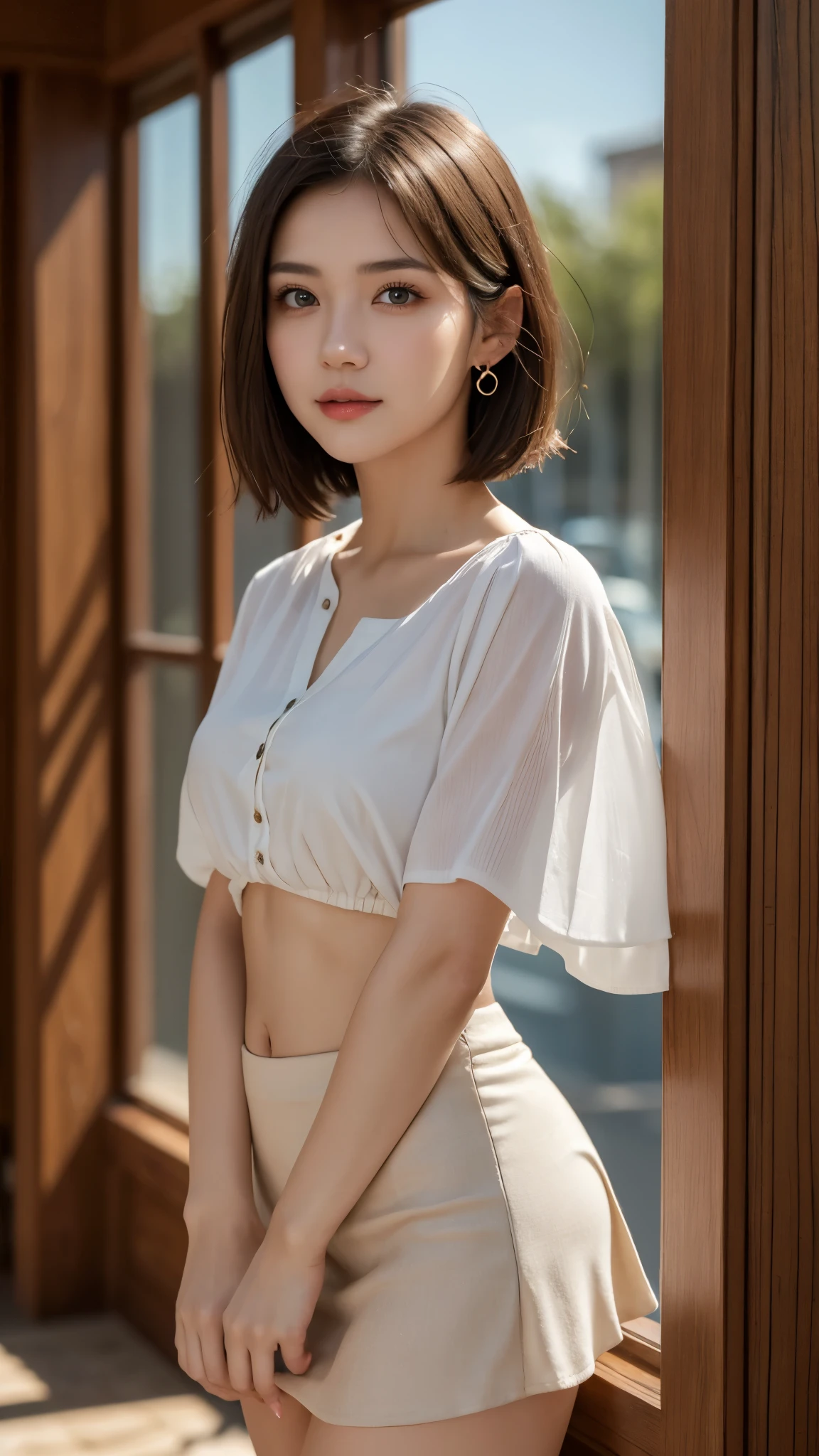 Best quality, 8K, HDR, high resolution, absurd:1.2, background blur, bokeh:1.2, RAW photo:1.2, realism:1.4, masterpiece:1.3, incredibly detailed:1.2, solo shot of a cute, 20-year-old girl with delicate and beautiful features, adorable face, detailed eyes and facial features, petite frame with clear, beautiful eyes and finely detailed pupils, wearing a skin-tight outfit with authentic skin texture and natural makeup, viewed from the front, full-body composition, best quality:1.4, ultra-high resolution:1.2, cinema lighting, highly detailed illustration, lip gloss, ultra-high resolution depth of field, caustics, broad lighting, natural shading, 85mm, f/1.4, ISO 200, 1/160s:0.75, short hair, blouse, mini skirt, and detailed cloth textures