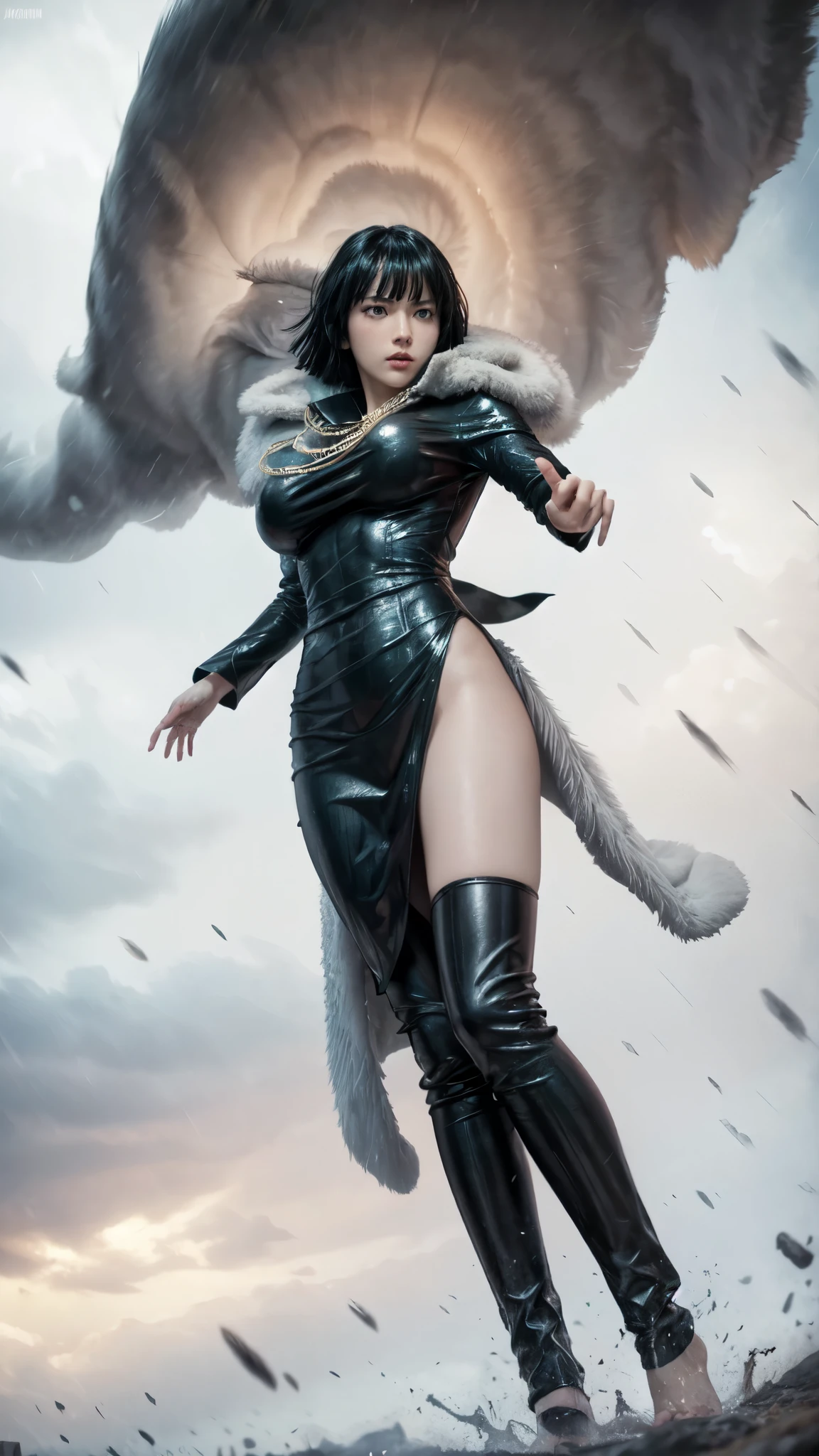 FUBUKI, (BLACK HAIR), Straight hair, STRICT CLOTHES, ((FUR COAT:1.3)), JEWELRY, NECKLACE, long face, short hair, straight hair, (photorealistic:1.2), (masterpiece), ((naked:1.4)), best quality, (face detail:1.4), raw photo, 8k ultra realistic, perfect artwork, ((violent tornado and storm background :1.2)),BREAK, photography,masterpiece, best quality,HDR,high resolution,realistic details,8K,HDR,high resolution,absurd,1girl flying in the air, fubuki,expressionless, ((big breasts:1.4)),masterpiece,ultra realistic,32k,highly detailed 8k unity CG wallpaper, best quality