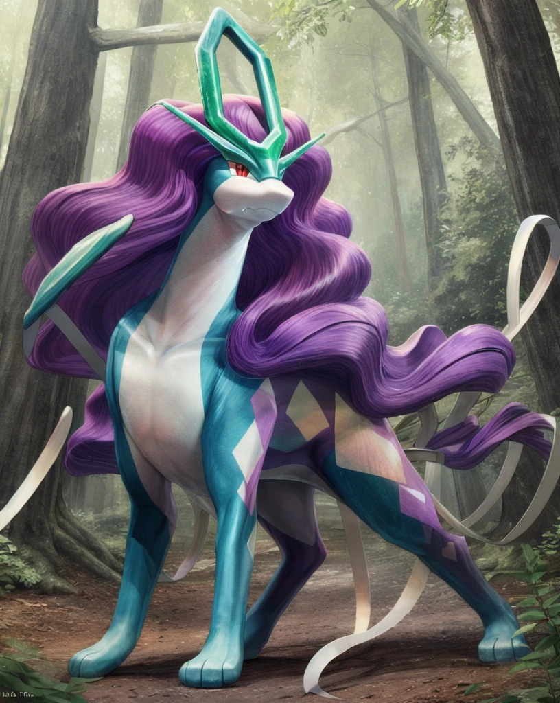 (Wild:1.2),(Suicune:1.3),thin,hi res, Soft Shading ,Good anatomy,two white ribbons:0.6,Cinema Lighting,by Woolruh,crayon \( artist \),buta99, detailed background,Outdoor,Red eyes,forest,( Purple Hair:1.3),Closed Mouth, dynamic poses,
masterpiece, Best Quality,  very detailed ,  textured skin, Real